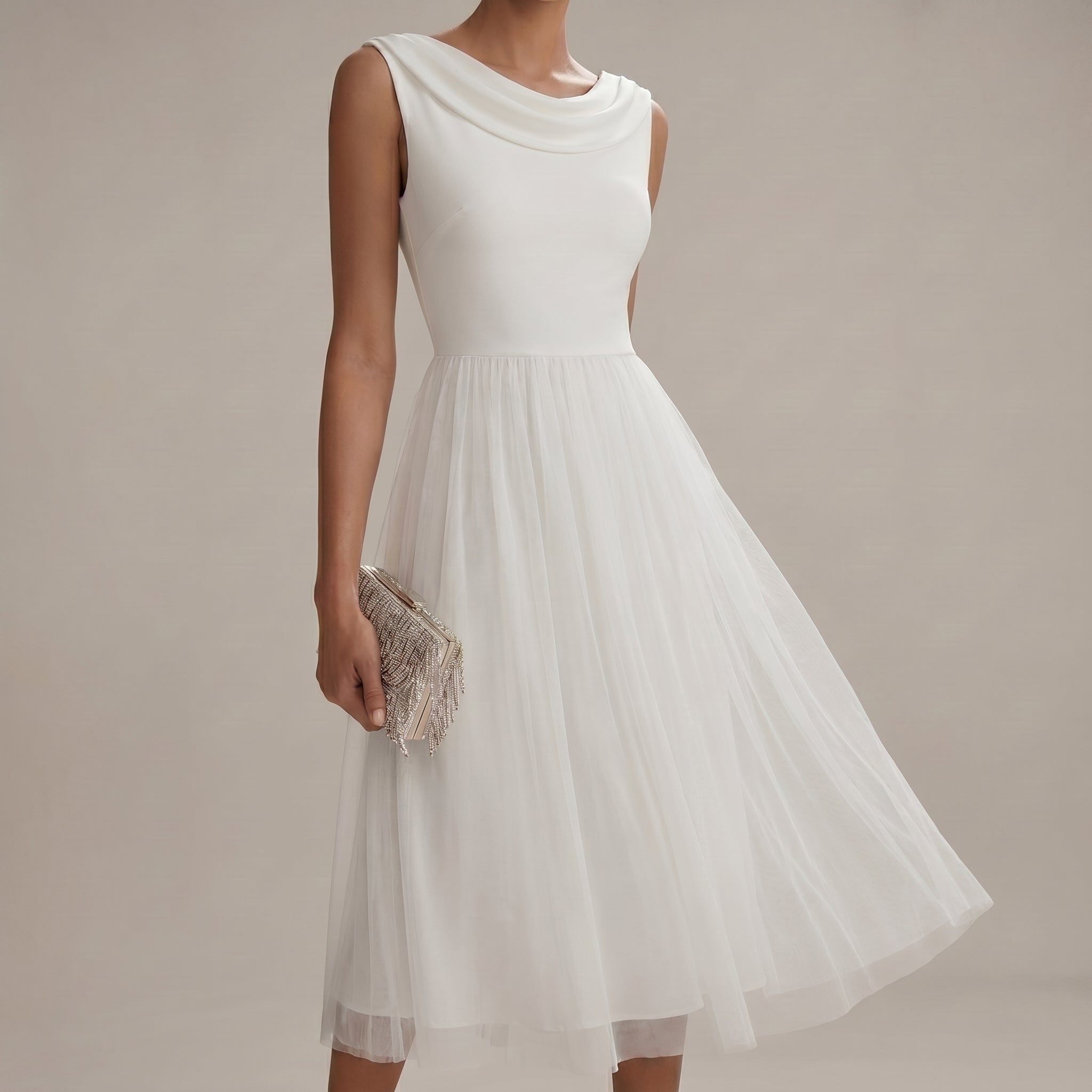 Clara - Women's Summer Pleated Cowl Back Midi Dress - Midi Dress - White - Davies & Cooper