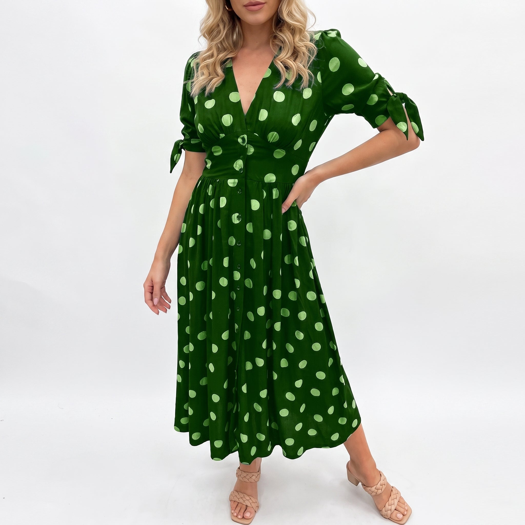Clara - Women's Summer Polka Dot Button-Front Midi Dress - Dresses - Green - Davies & Cooper