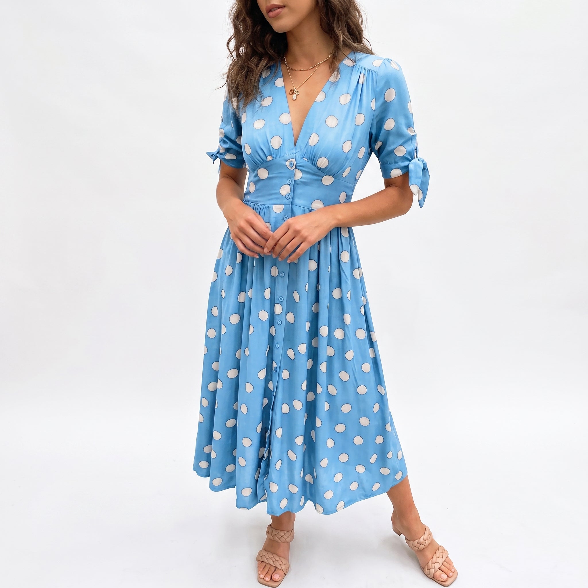 Clara - Women's Summer Polka Dot Button-Front Midi Dress - Dresses - Sky Blue - Davies & Cooper