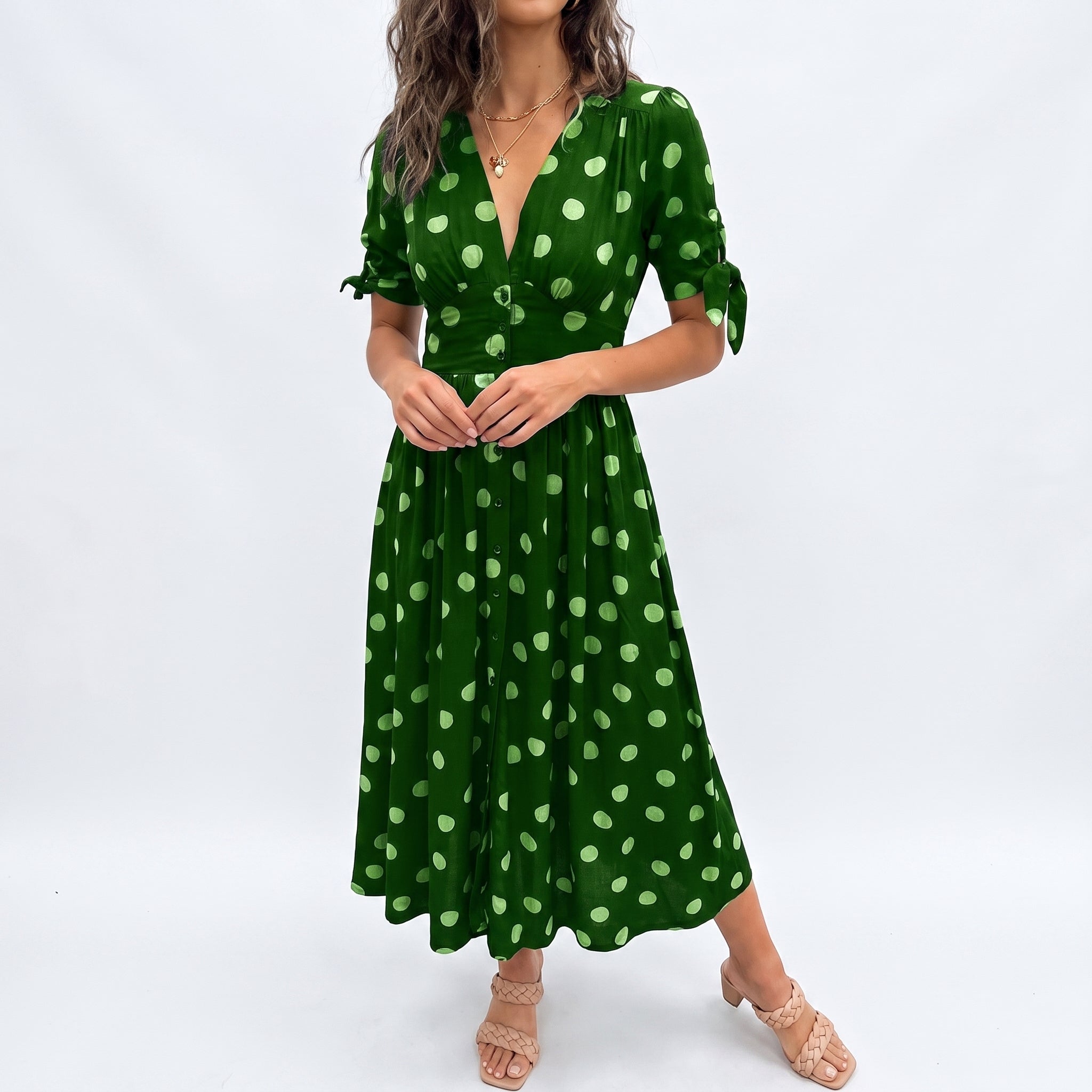 Clara - Women's Summer Polka Dot Button-Front Midi Dress - Dresses - Green - Davies & Cooper