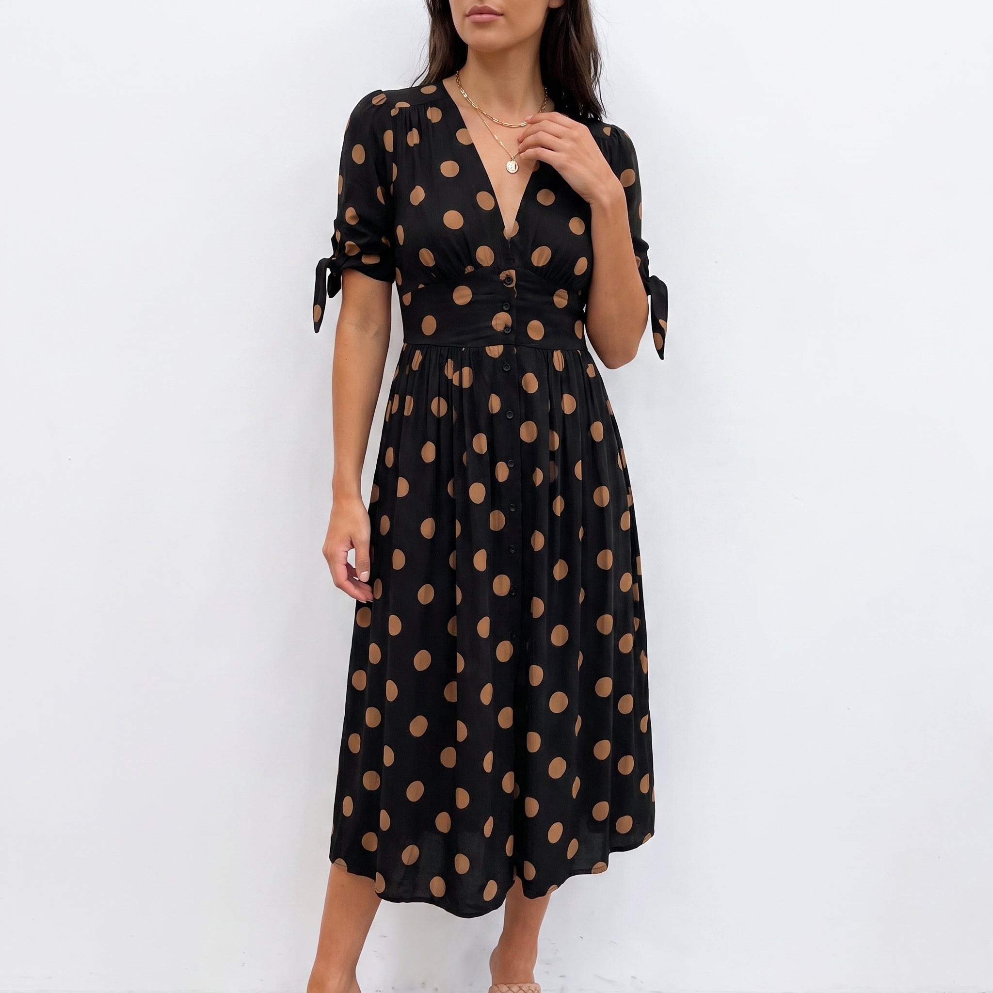 Clara - Women's Summer Polka Dot Button-Front Midi Dress - Dresses - Black - Davies & Cooper