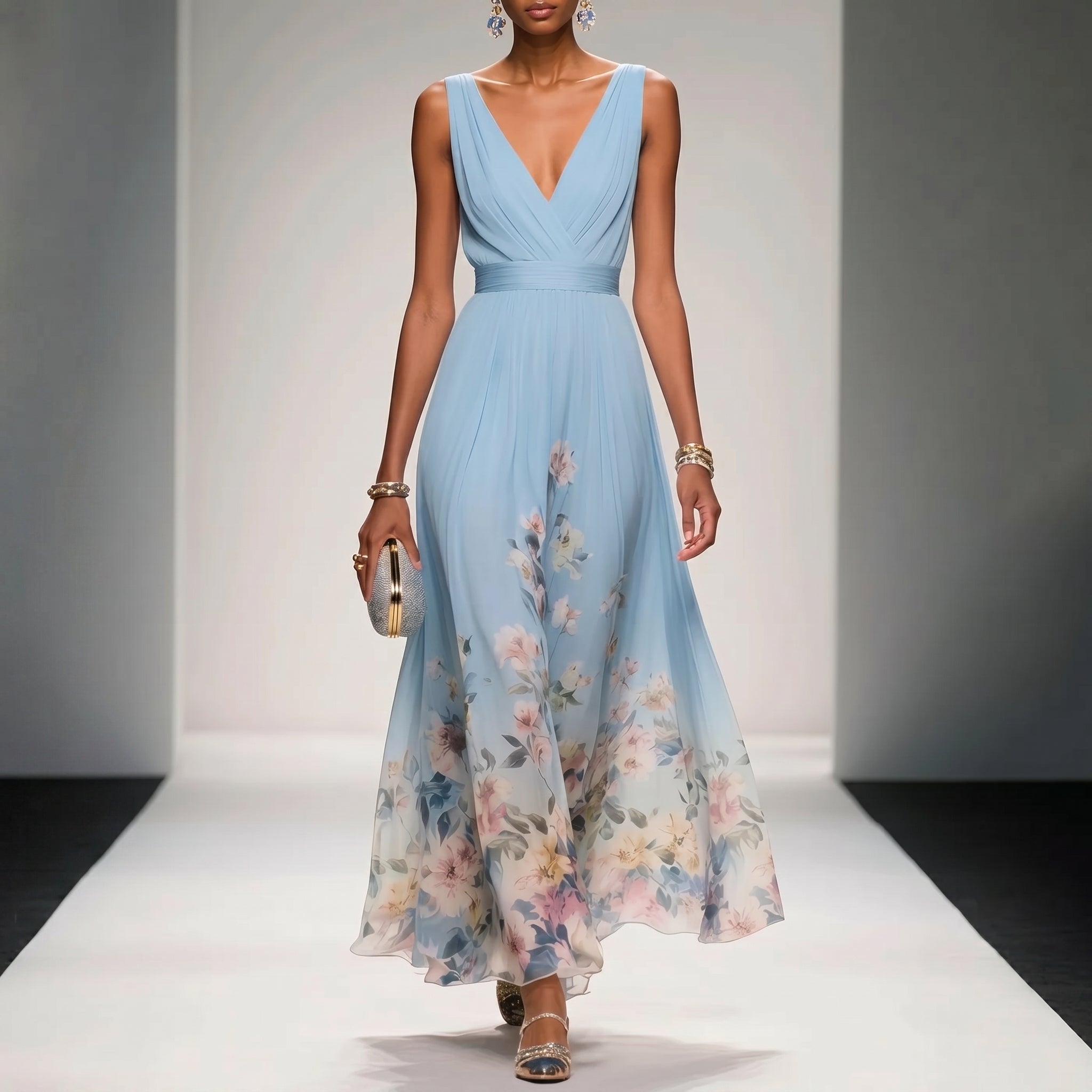 Clara - Women's Wedding Guest Floral Print Maxi Dress - Maxi Dresses - Sky Blue - Davies & Cooper