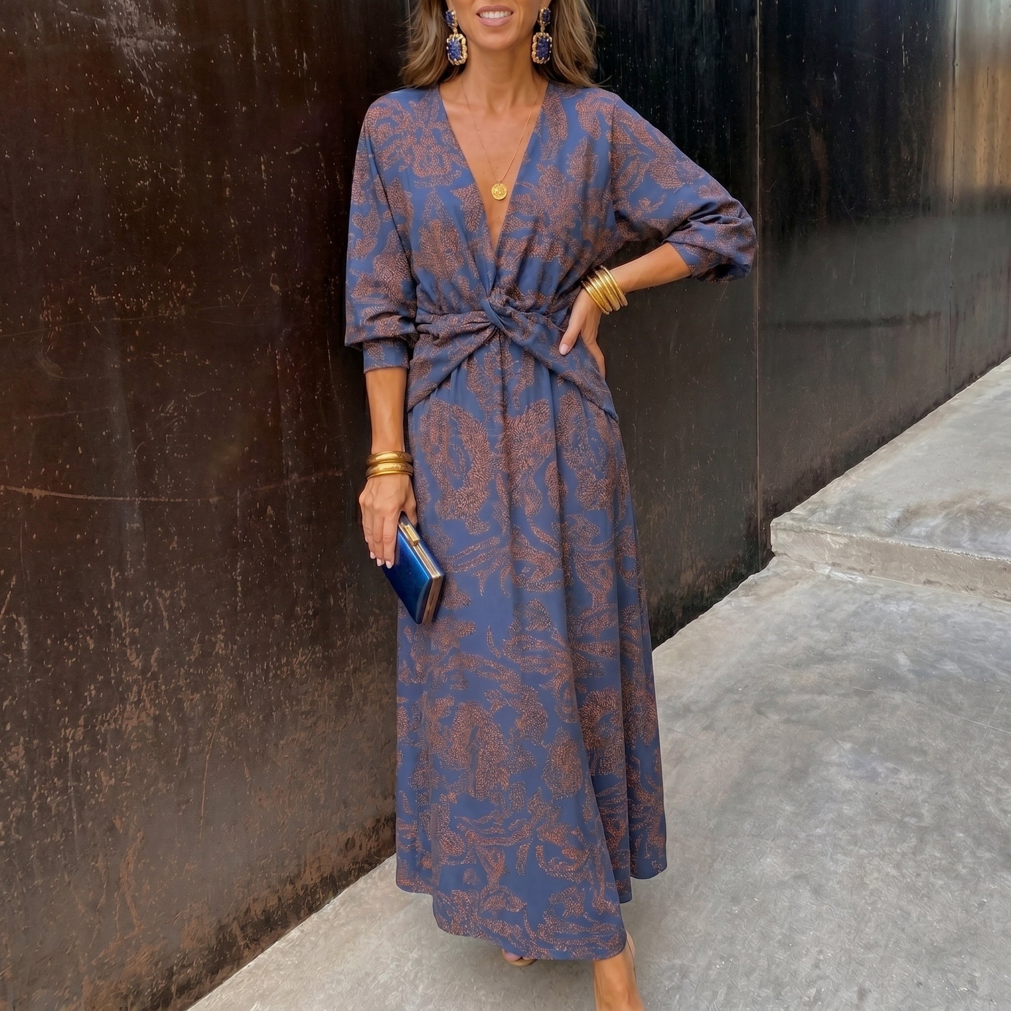 Clara - Women's Wedding Guest Knot Front Midi Dress - Midi Dress - Blue - Davies & Cooper