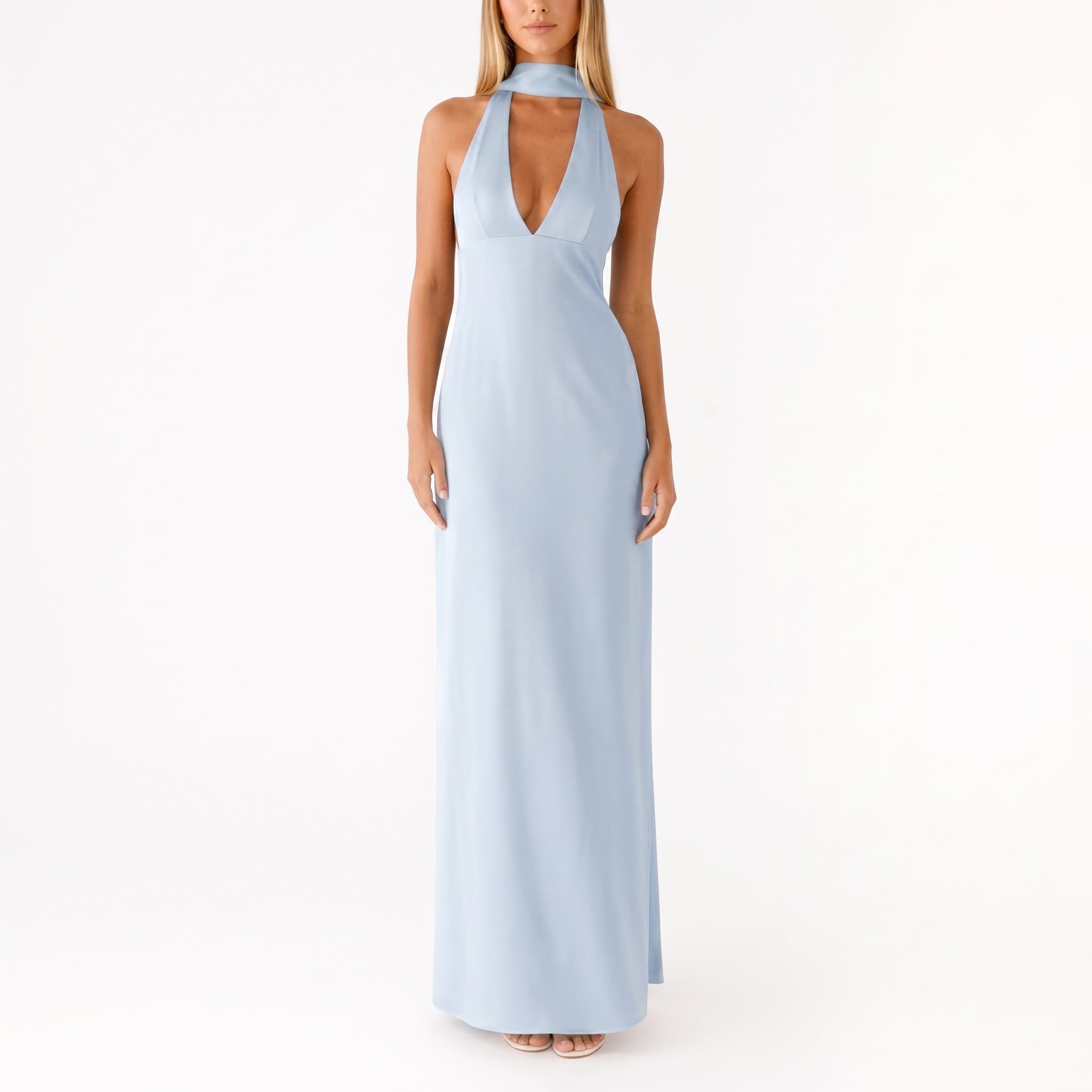 Clara - Women's Wedding Guest Plunge Halter Maxi Dress - Dresses - Blue - Davies & Cooper