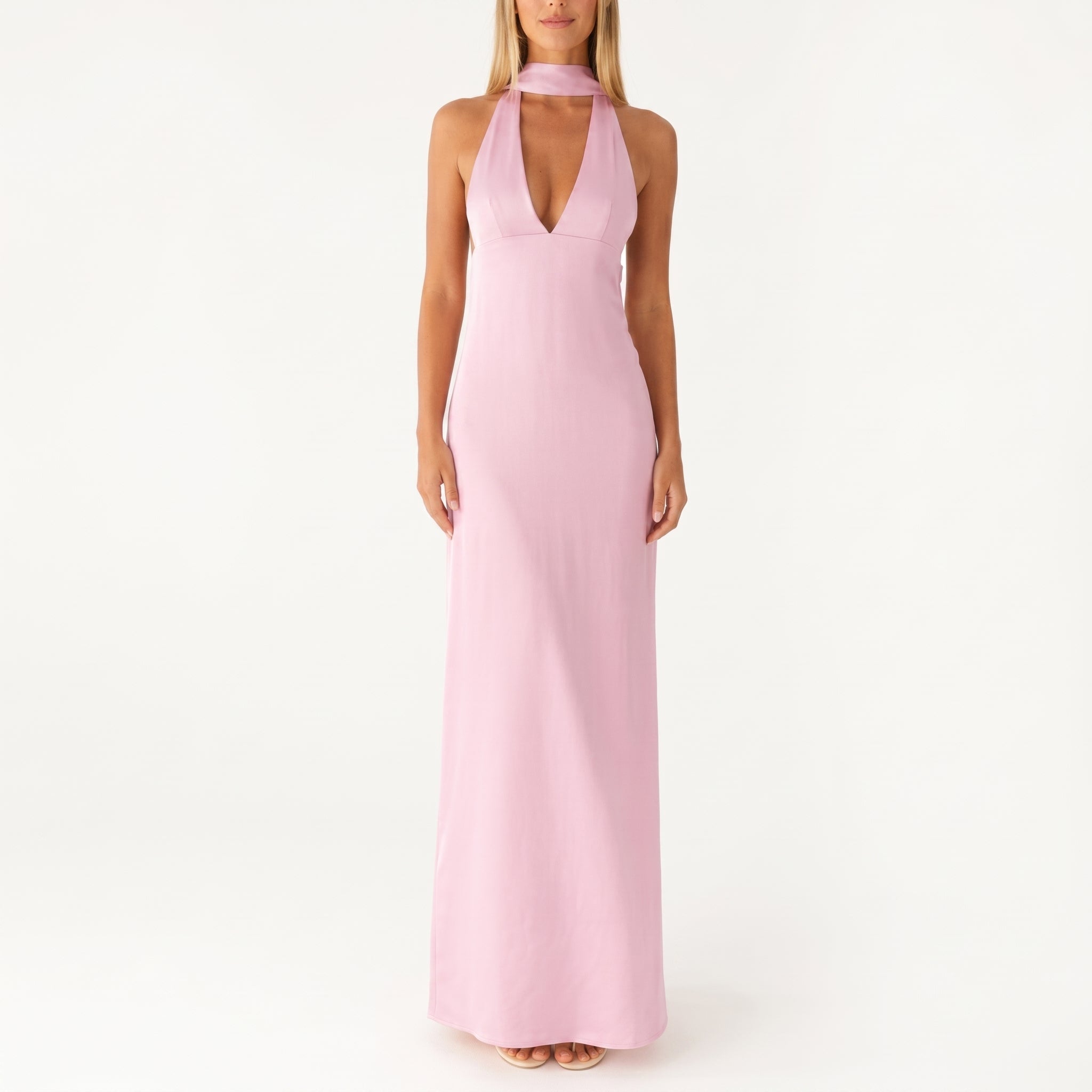 Clara - Women's Wedding Guest Plunge Halter Maxi Dress - Dresses - Pink - Davies & Cooper