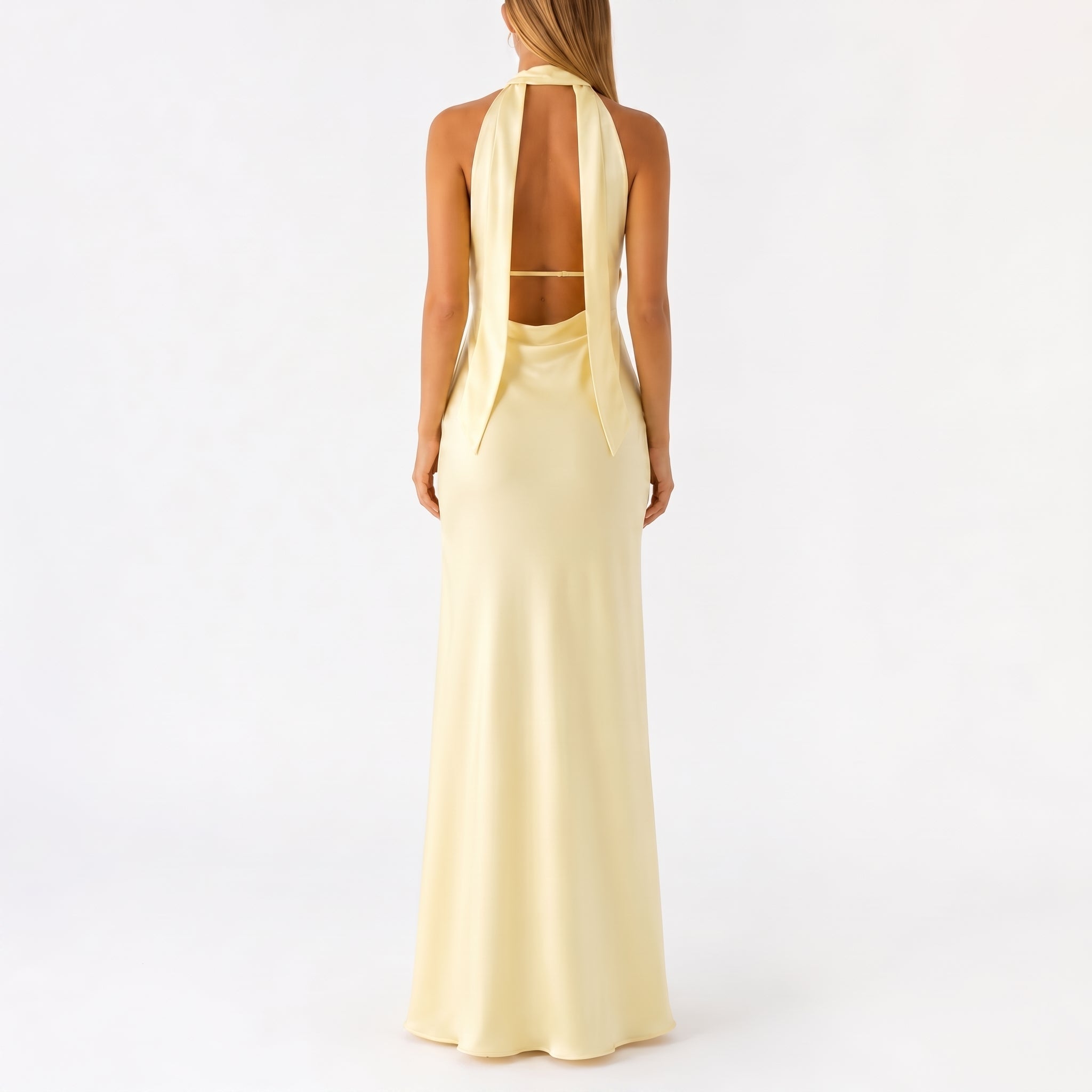 Clara - Women's Wedding Guest Plunge Halter Maxi Dress - Dresses - Yellow - Davies & Cooper