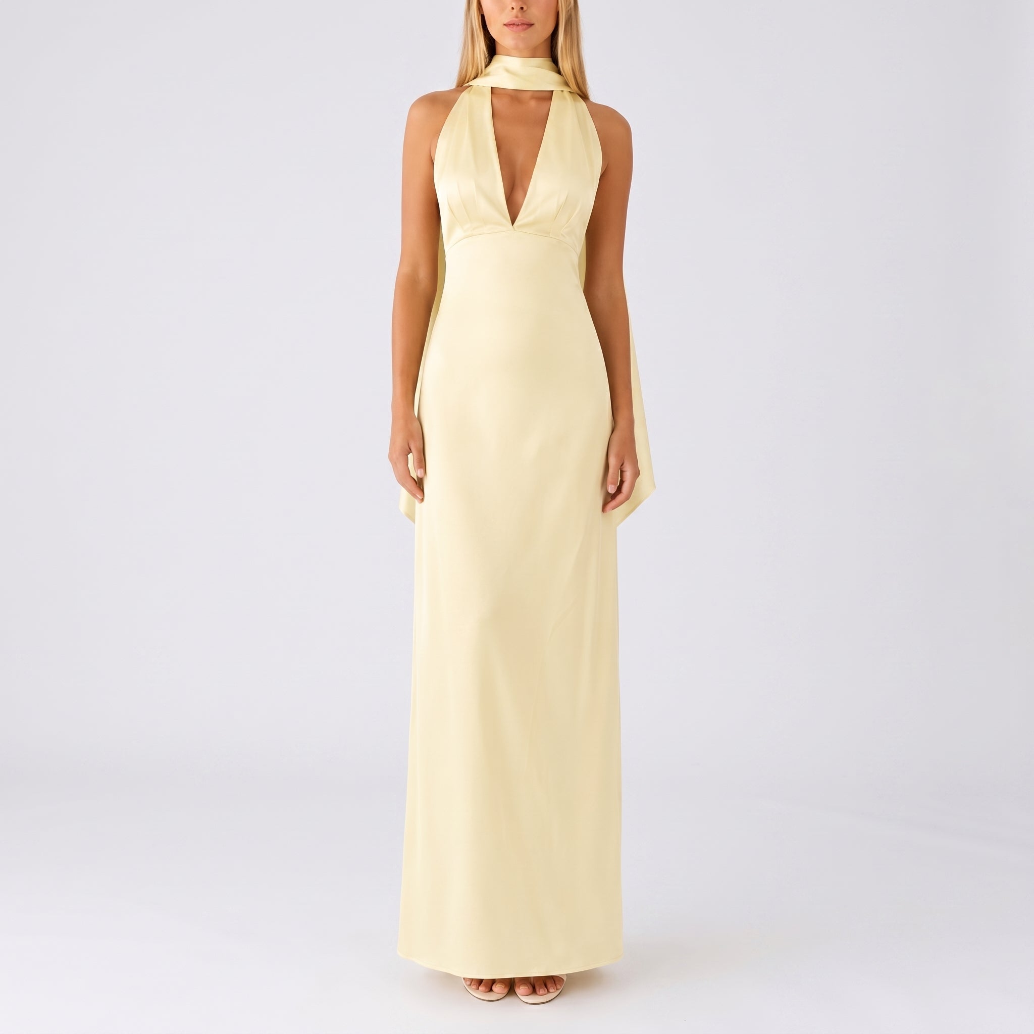 Clara - Women's Wedding Guest Plunge Halter Maxi Dress - Dresses - Yellow - Davies & Cooper