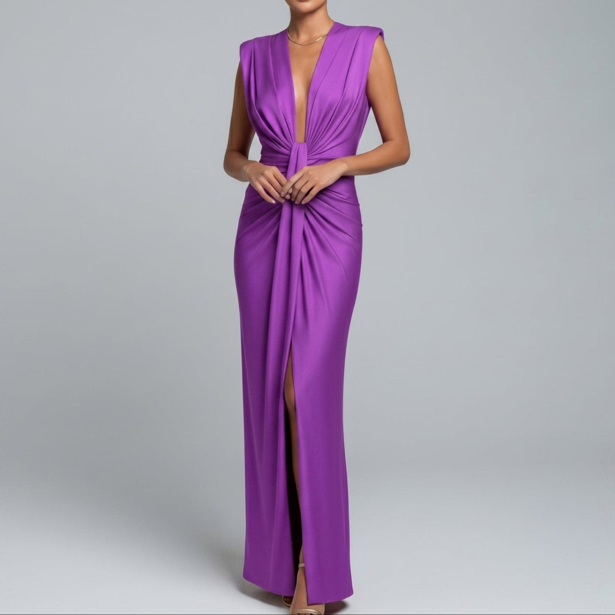 Clara - Women's Wedding Guest Plunge Ruched Maxi Dress - Dresses - Purple - Davies & Cooper