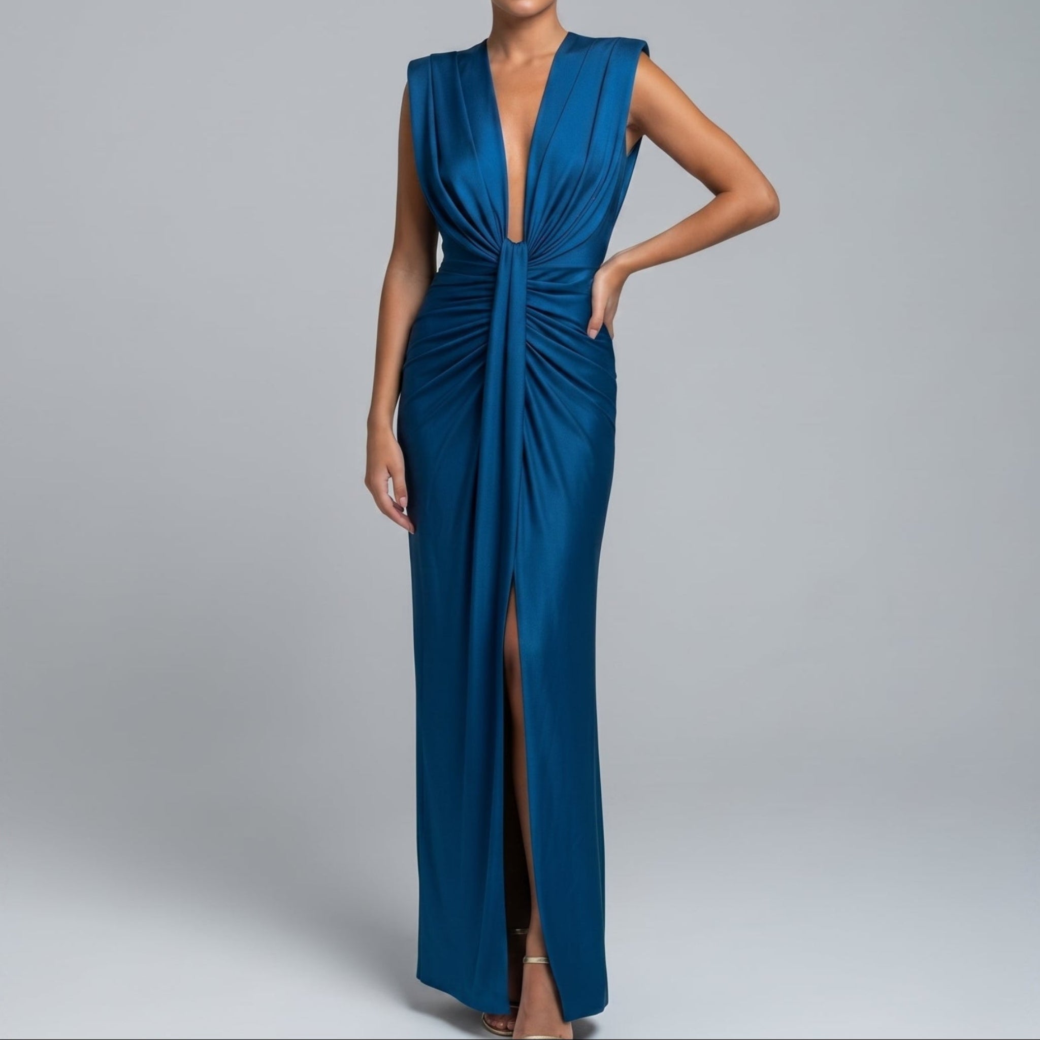 Clara - Women's Wedding Guest Plunge Ruched Maxi Dress - Dresses - Blue - Davies & Cooper