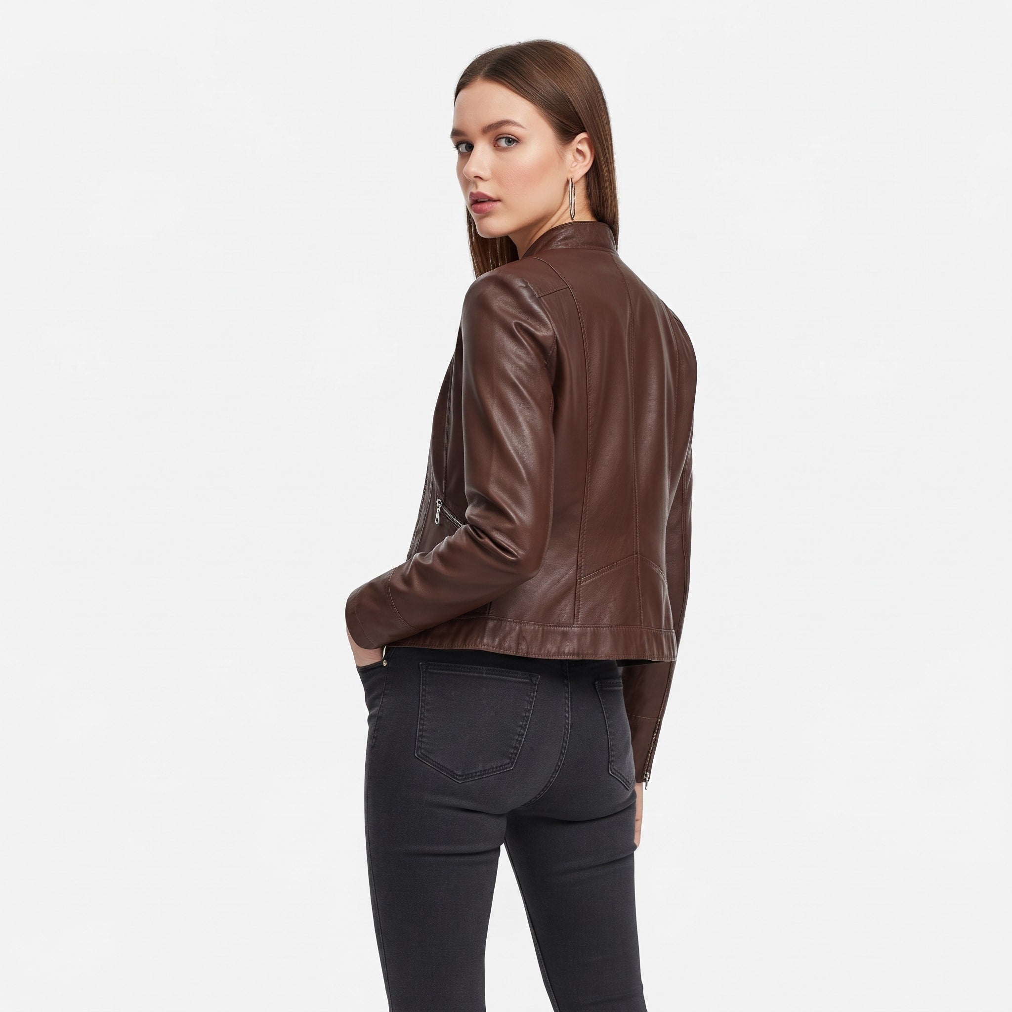 Sophie - Women's Cropped Biker Jacket with Zip Pockets