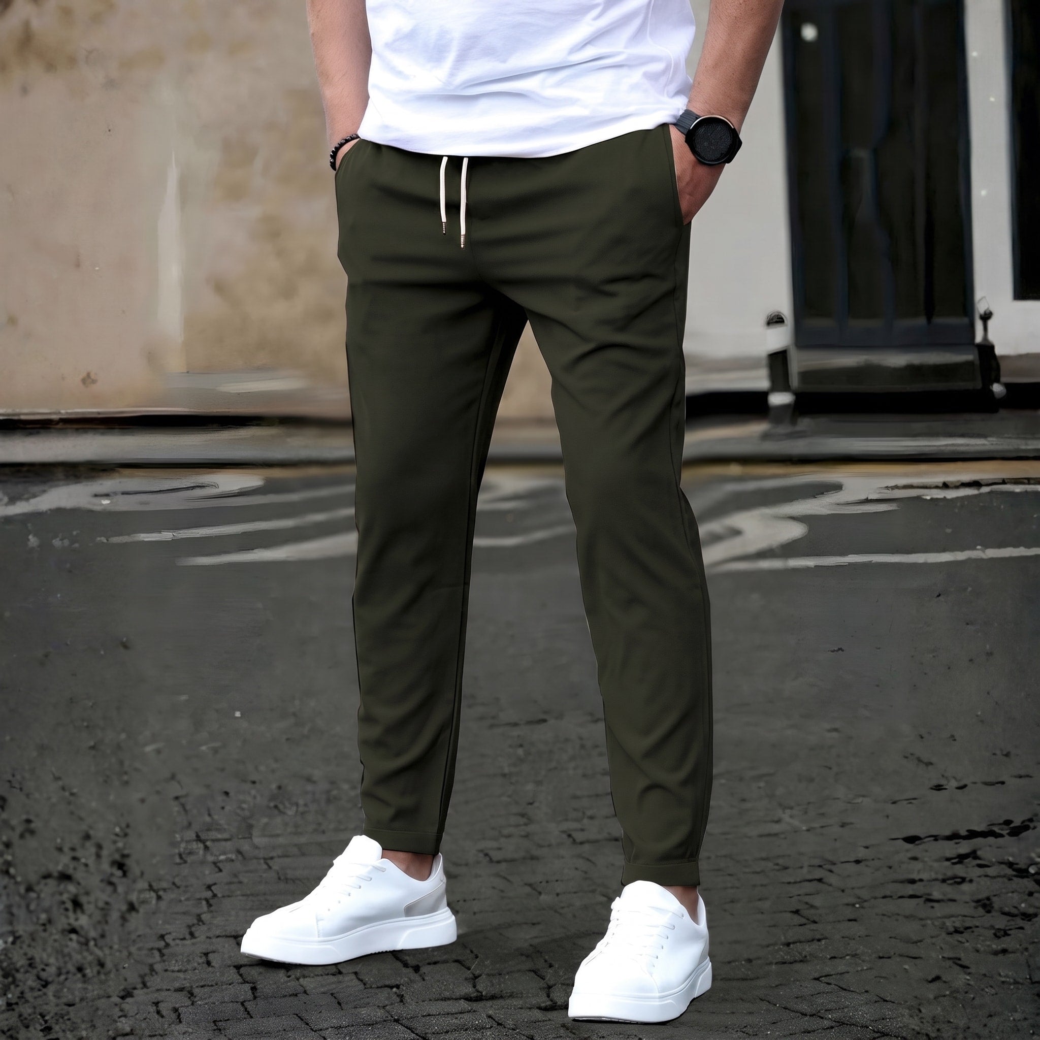 James - Men's Slim Fit Elastic Waist Chinos with Drawstring