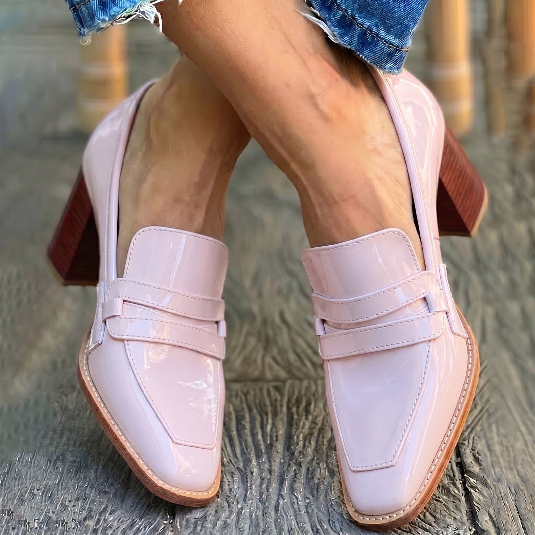 Daisy - Women's Block Heel Penny Loafers - Loafers - Pink - Davies & Cooper