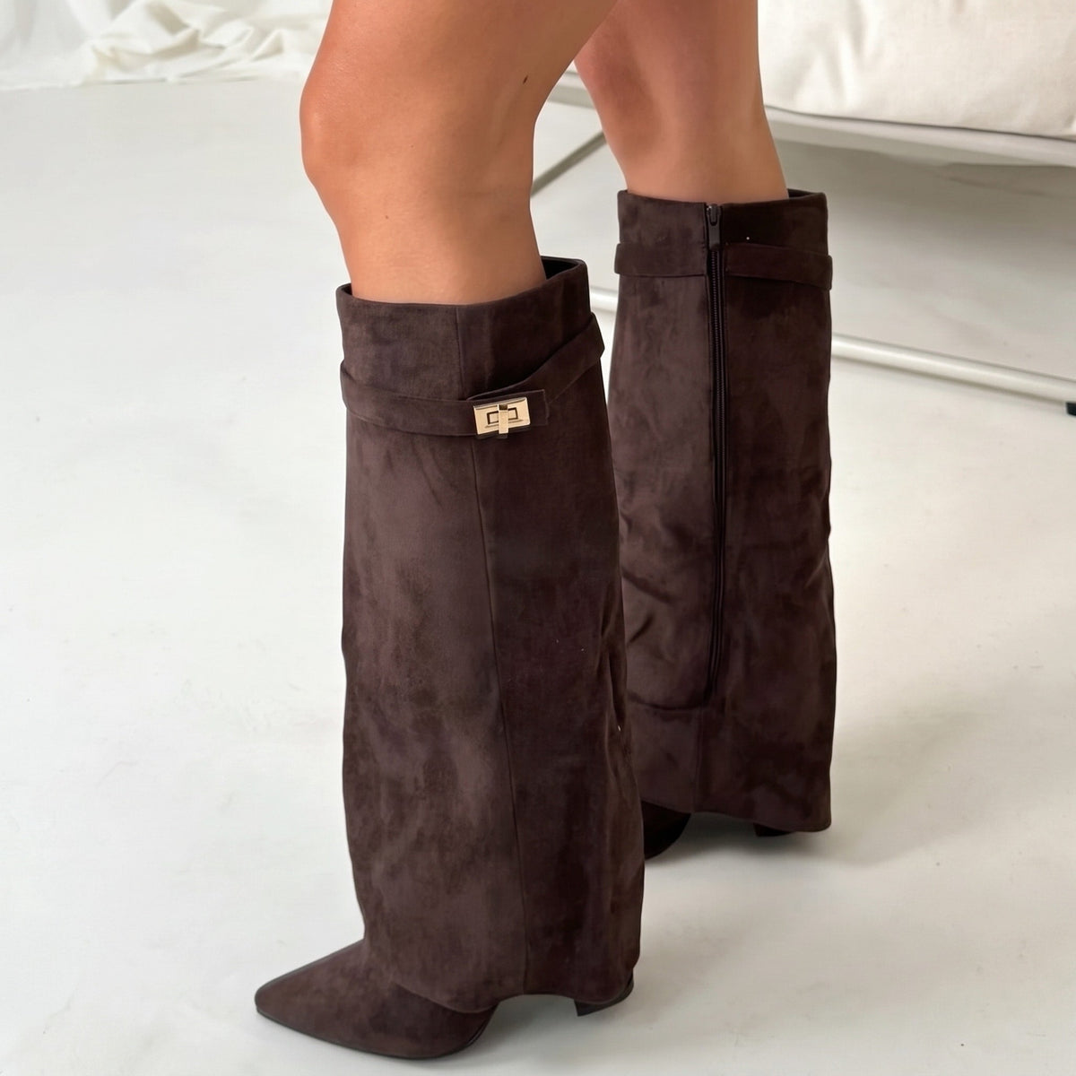 Daisy - Women's Fold-Over Knee-High Boots with Pointed Toe - Boots - Brown - Davies & Cooper
