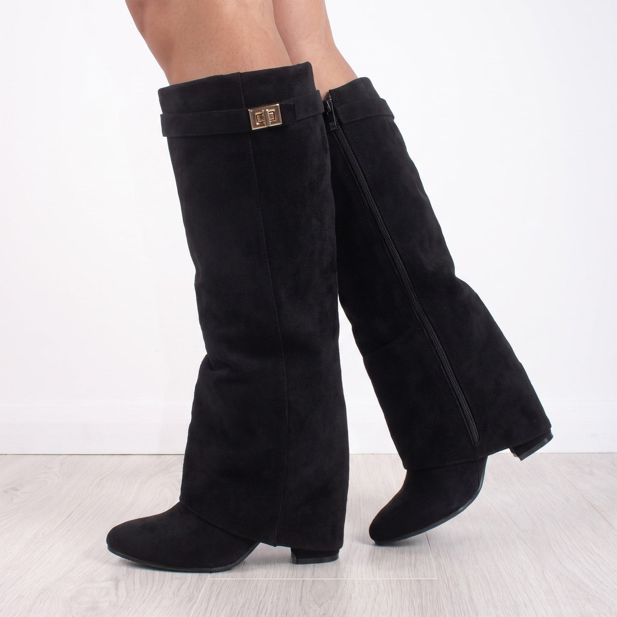 Daisy - Women's Fold-Over Knee-High Boots with Pointed Toe - Boots - Black - Davies & Cooper