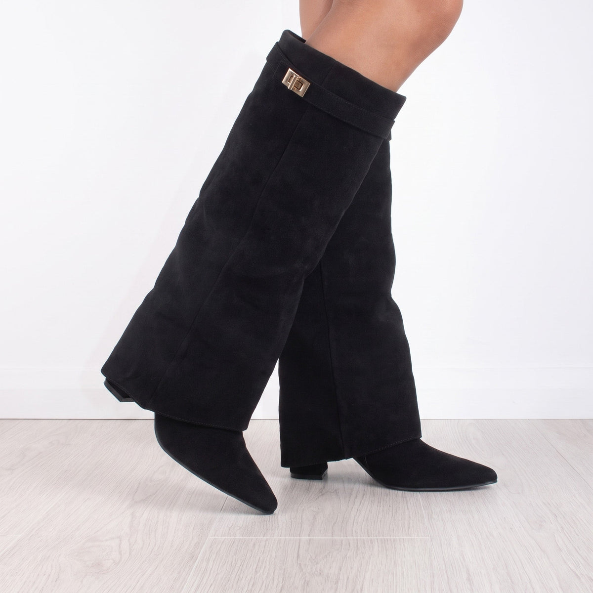 Daisy - Women's Fold-Over Knee-High Boots with Pointed Toe - Boots - Black - Davies & Cooper