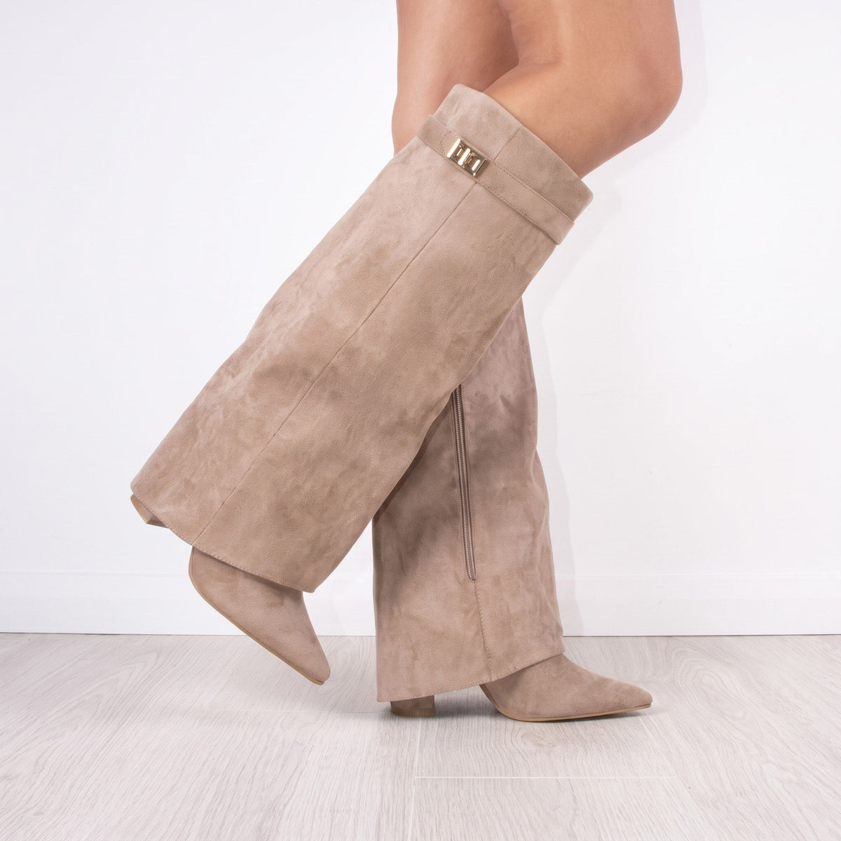 Daisy - Women's Fold-Over Knee-High Boots with Pointed Toe - Boots - Beige - Davies & Cooper