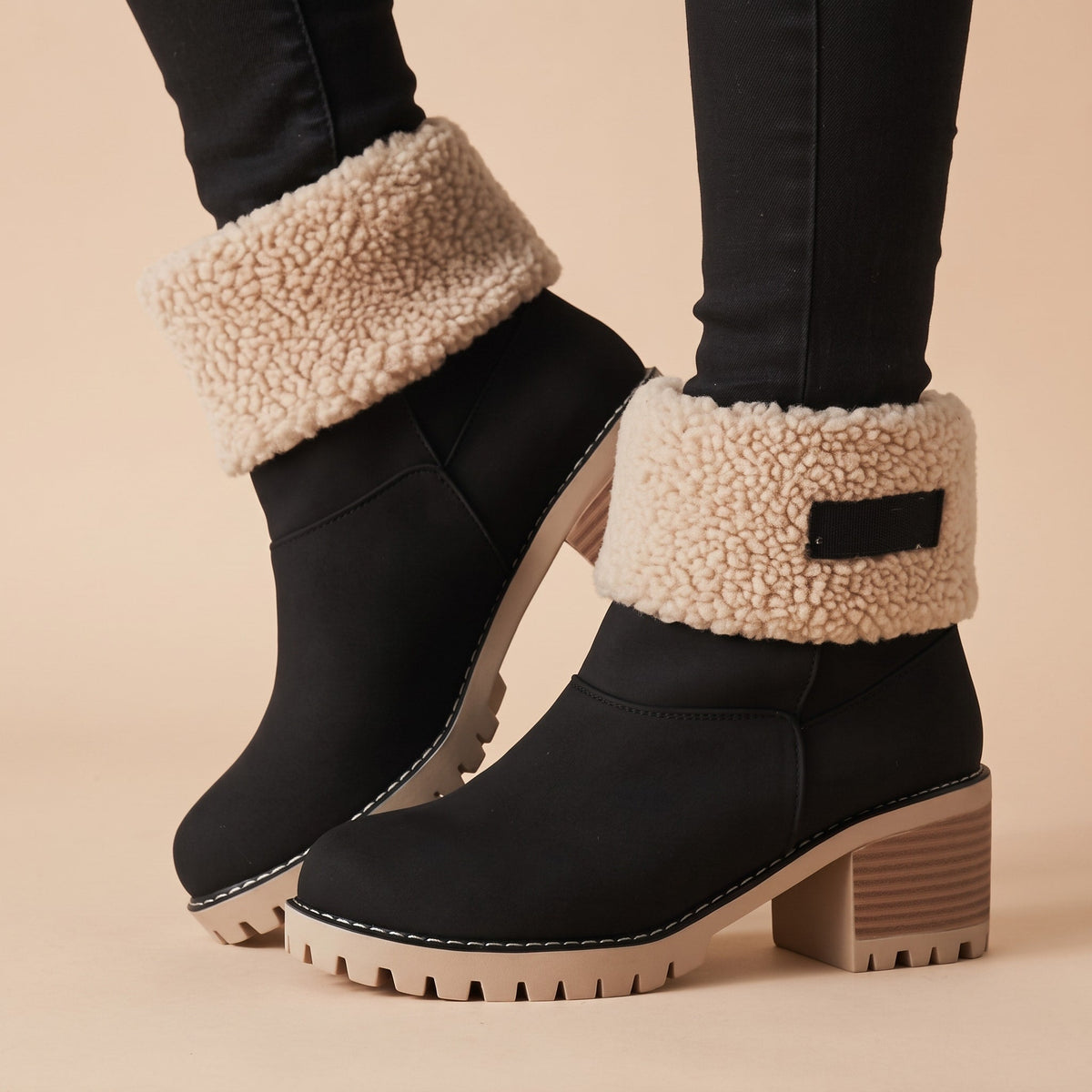 Daisy - Women's Orthopaedic Block Heel Ankle Boots with Sherpa Cuff - Boots - Black - Davies & Cooper