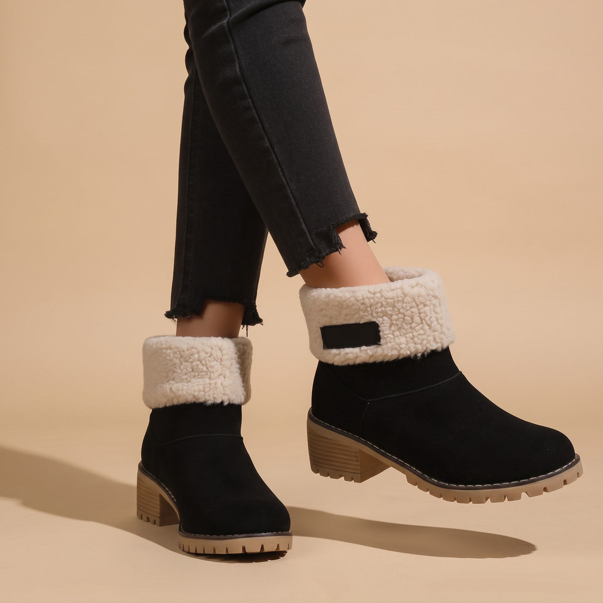 Daisy - Women's Orthopaedic Block Heel Ankle Boots with Sherpa Cuff - Boots - Black - Davies & Cooper
