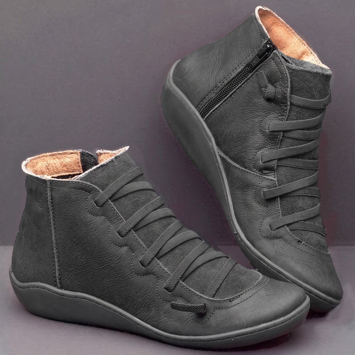 Daisy - Women's Orthopaedic Lace-Up Ankle Boots with Zip Closure - Boots - Black - Davies & Cooper