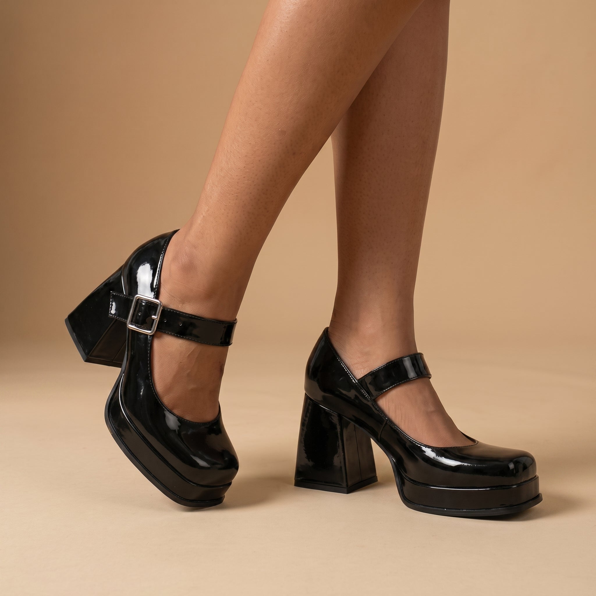 Daisy - Women's Platform Block Heel Mary Jane Pumps - Heels - Black - Davies & Cooper