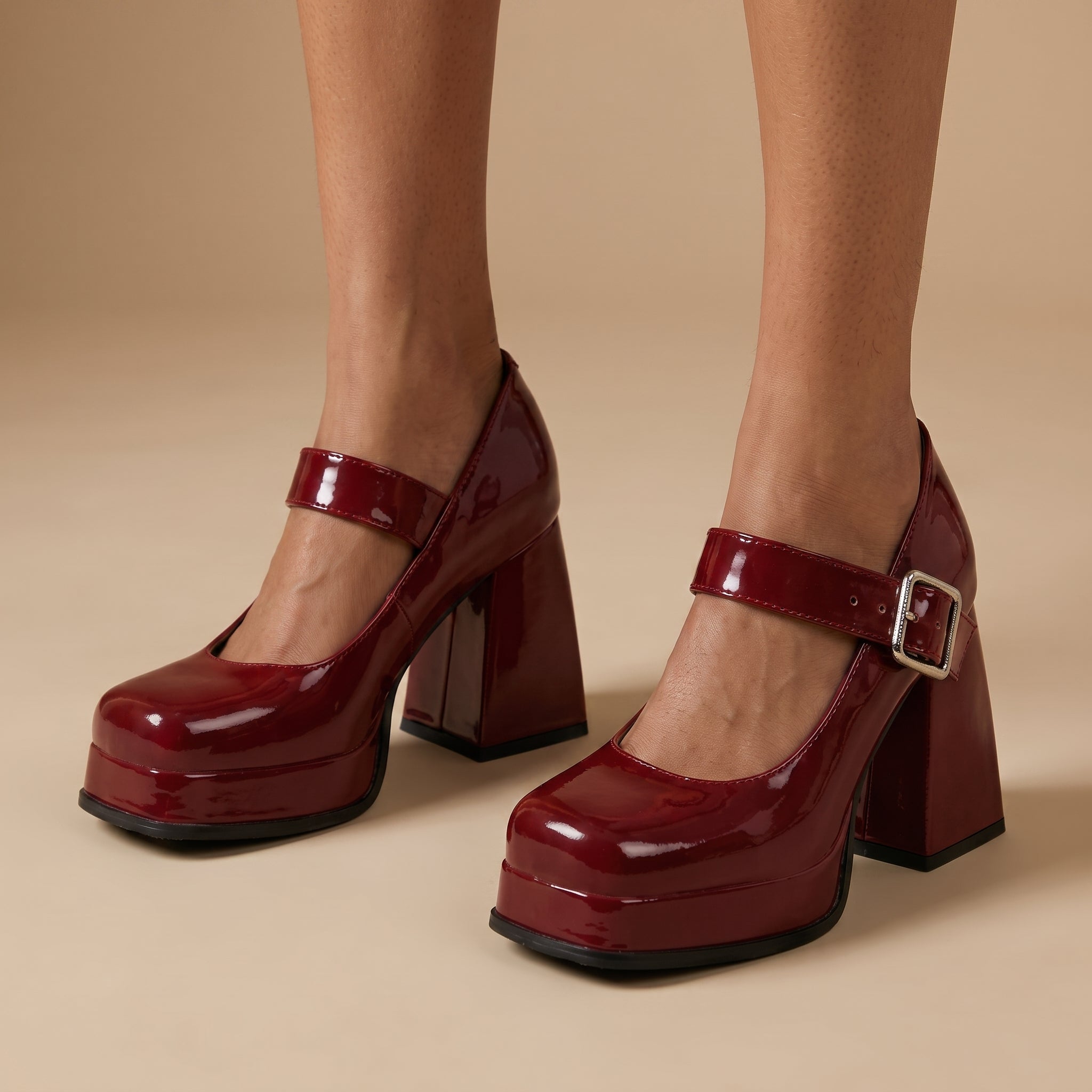Daisy - Women's Platform Block Heel Mary Jane Pumps - Heels - Wine Red - Davies & Cooper