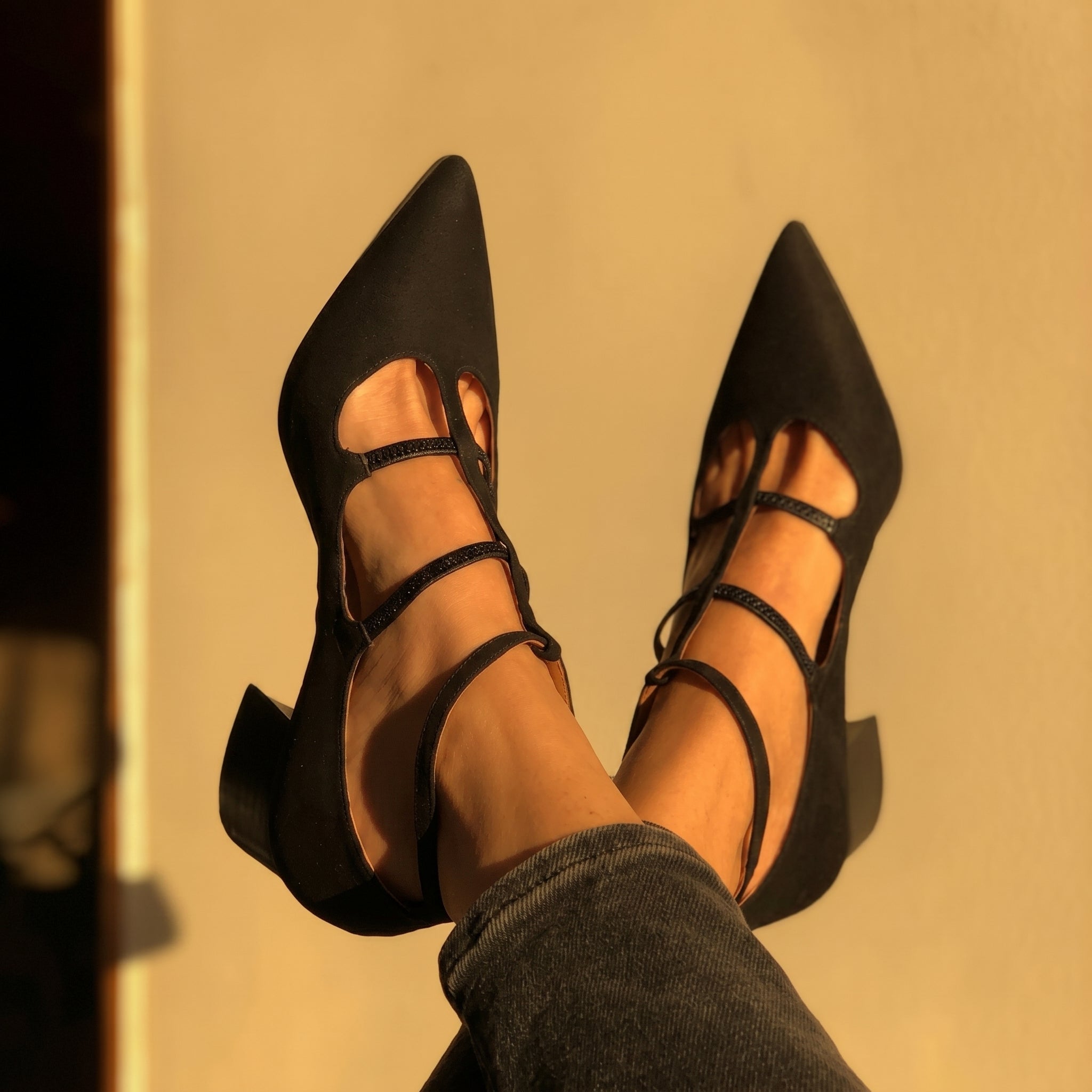 Daisy - Women's Pointed Toe Multi - Strap Kitten Heel Pumps - Heels - Black - Davies & Cooper