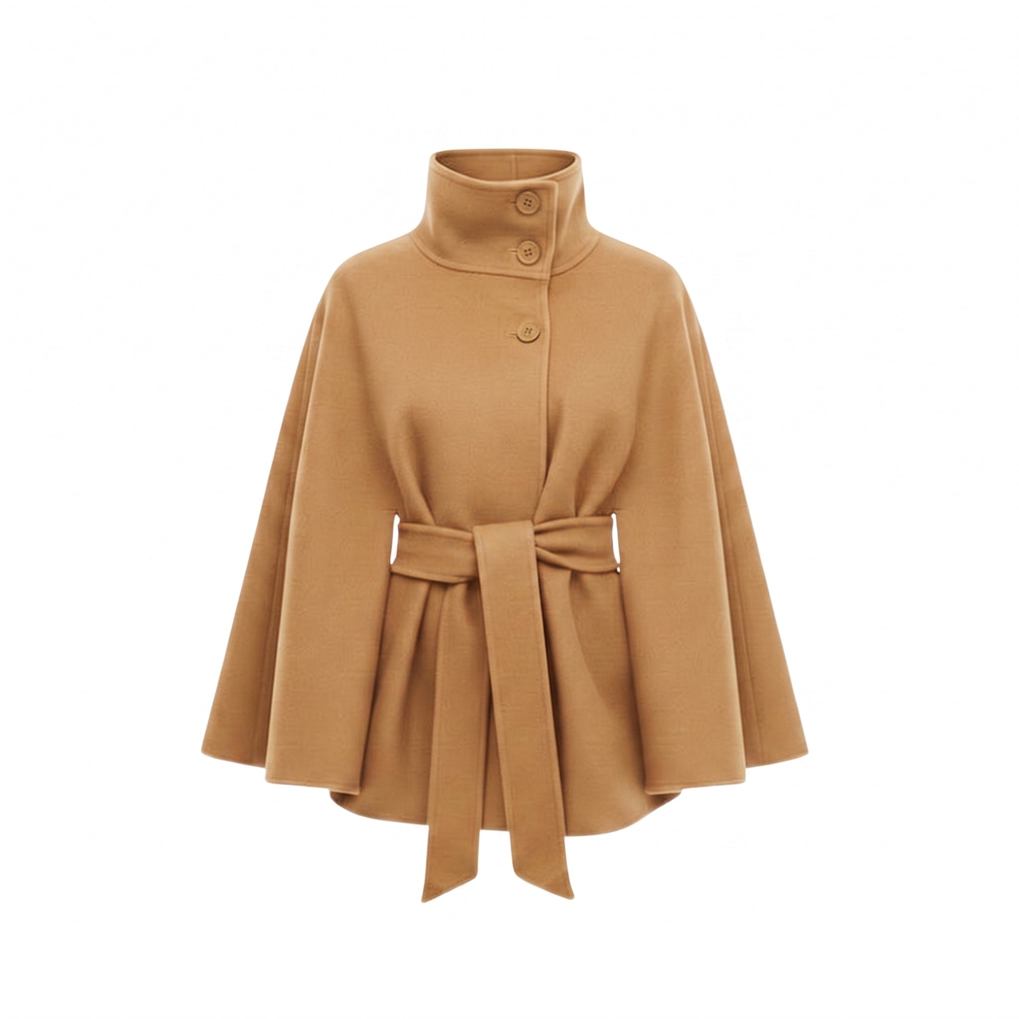 Olivia - Women's Belted Cape Coat with High-Neck Button Collar