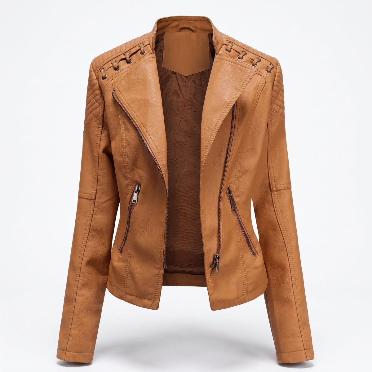Debby - Women's Quilted Biker Jacket with Lace-Up Shoulders - Motorcycle Outerwear - Light Brown - Davies & Cooper