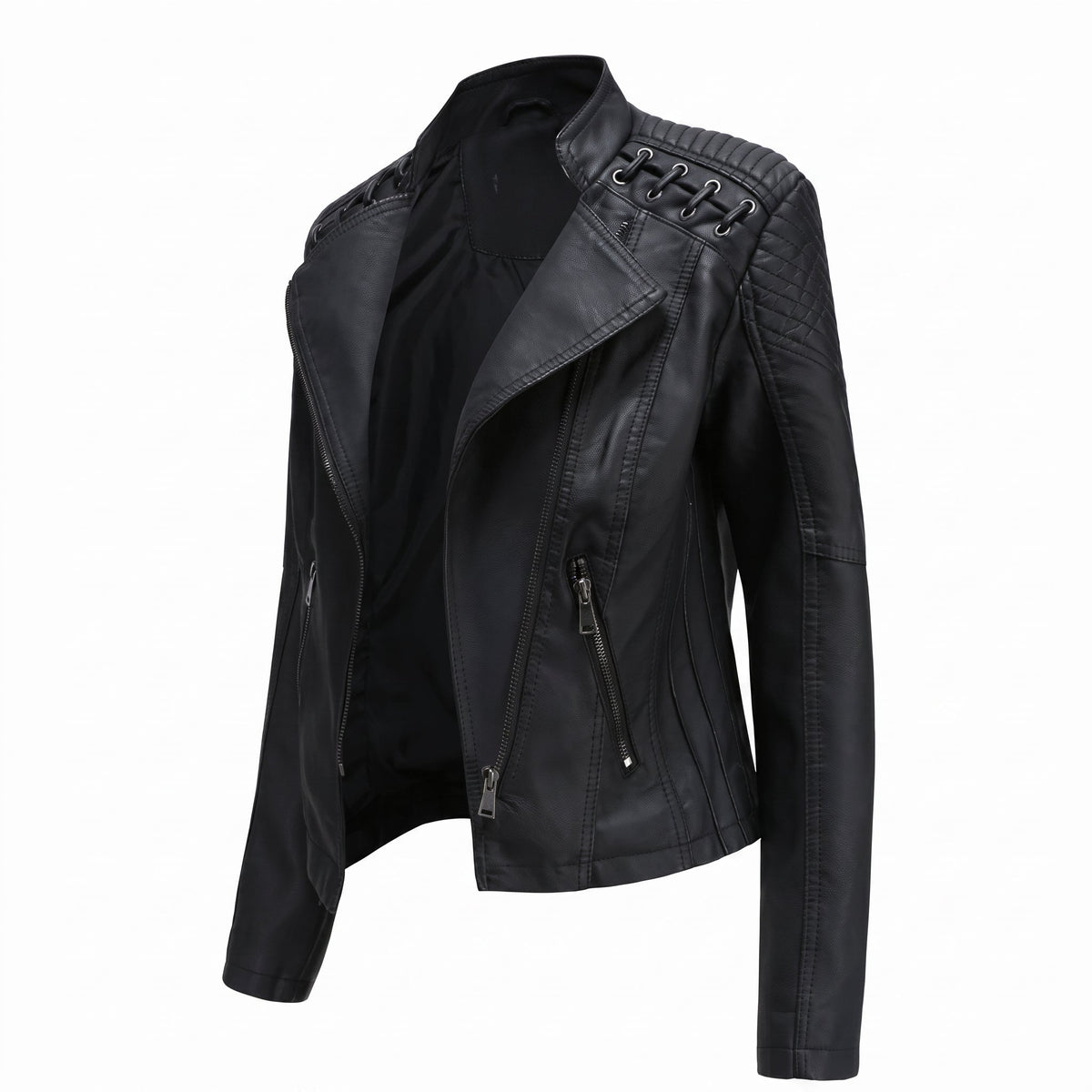 Debby - Women's Quilted Biker Jacket with Lace-Up Shoulders - Motorcycle Outerwear - Black - Davies & Cooper