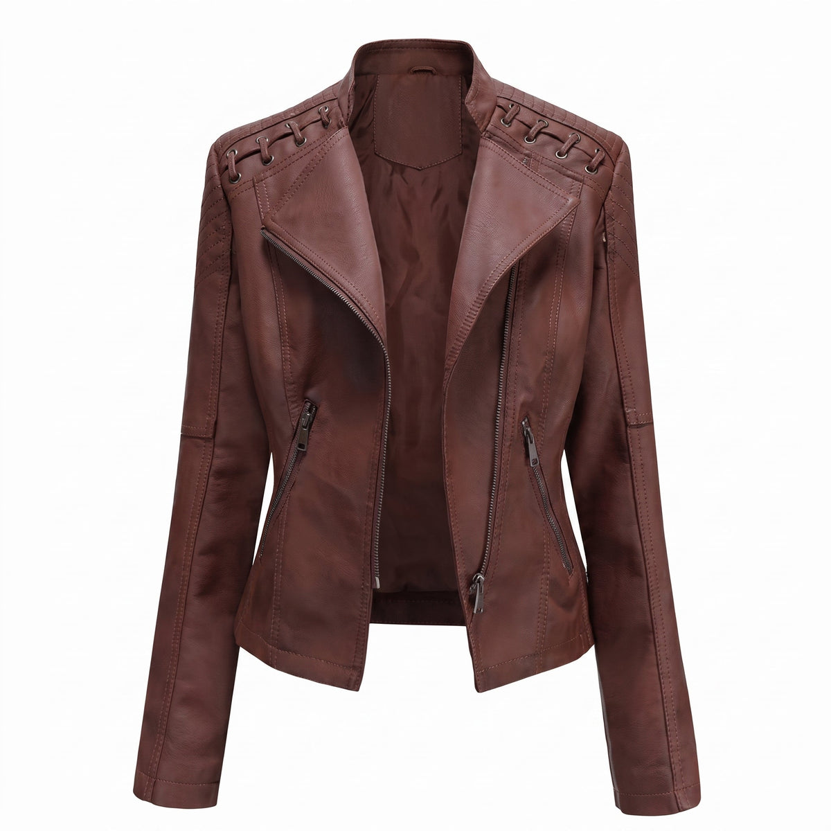 Debby - Women's Quilted Biker Jacket with Lace-Up Shoulders - Motorcycle Outerwear - Dark Brown - Davies & Cooper