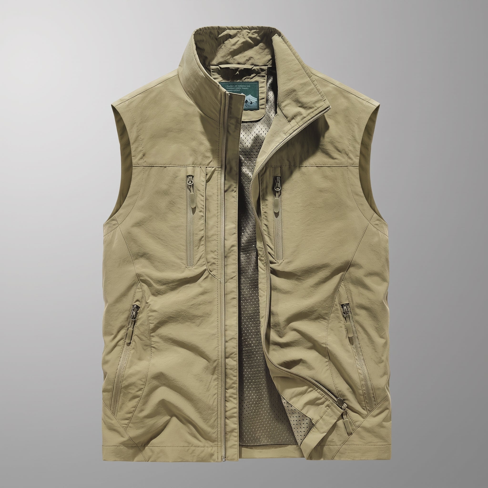 Dieter - Men's Multi-Zip Pockets Gilet with Stand Collar - Vests - Khaki - Davies & Cooper