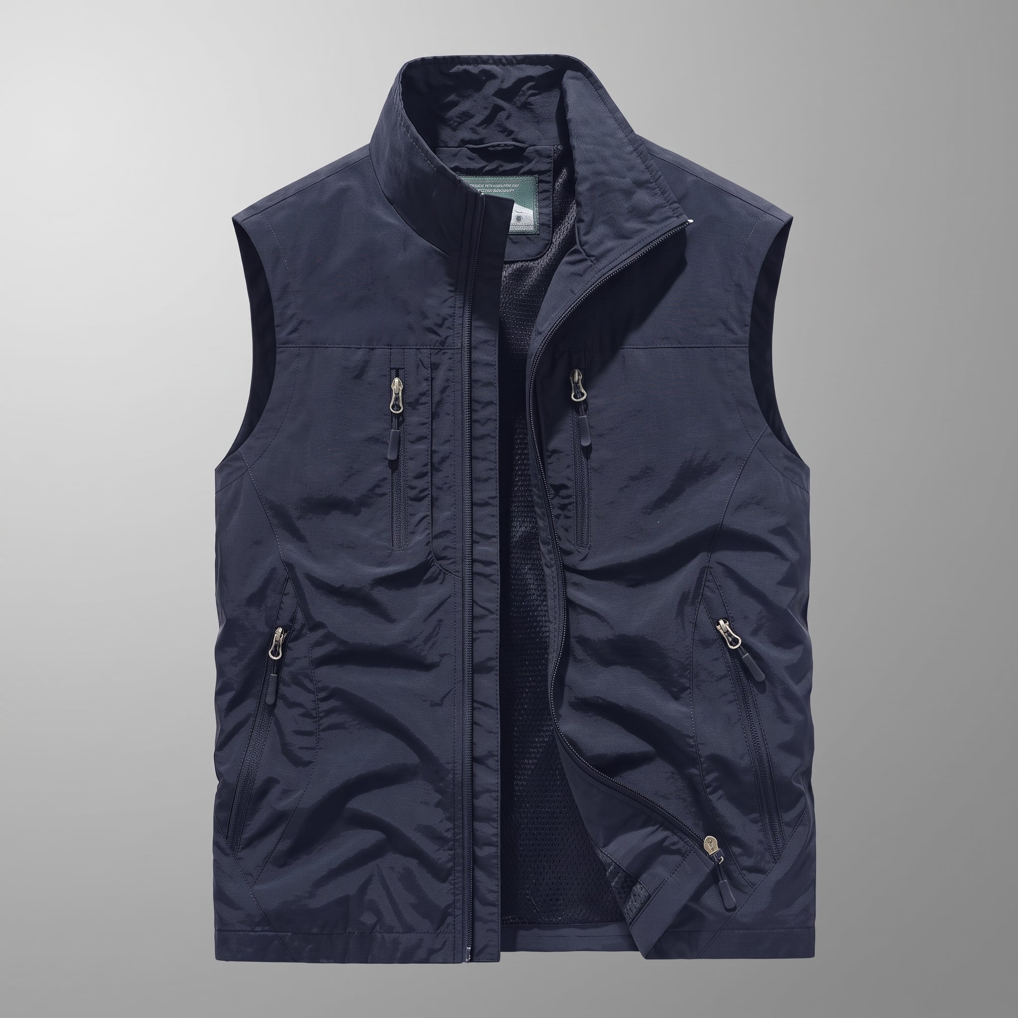 Dieter - Men's Multi-Zip Pockets Gilet with Stand Collar - Vests - Navy Blue - Davies & Cooper