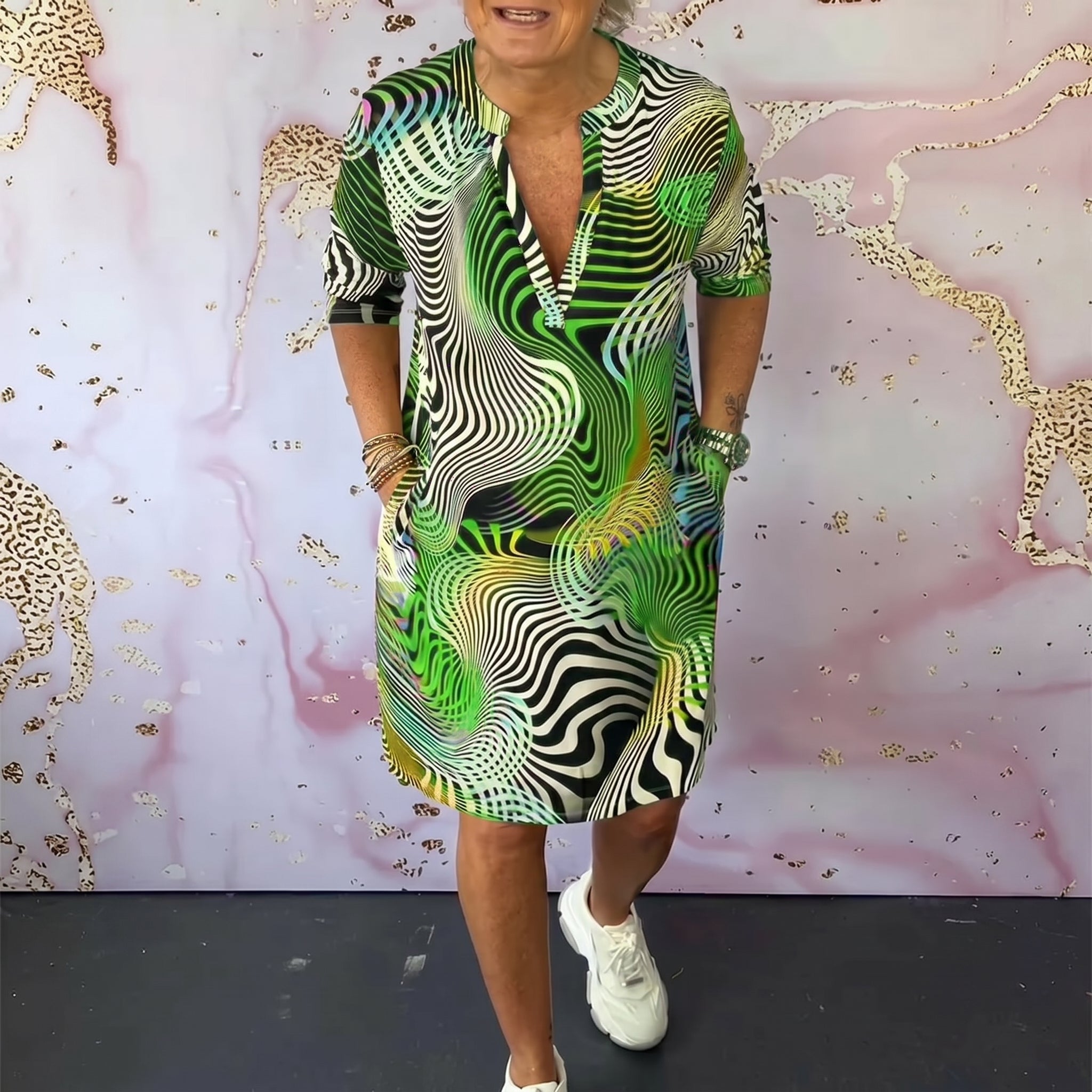 Donna - Women's Summer Abstract Print V - Neck Midi Dress - Midi Dress - Green - Davies & Cooper