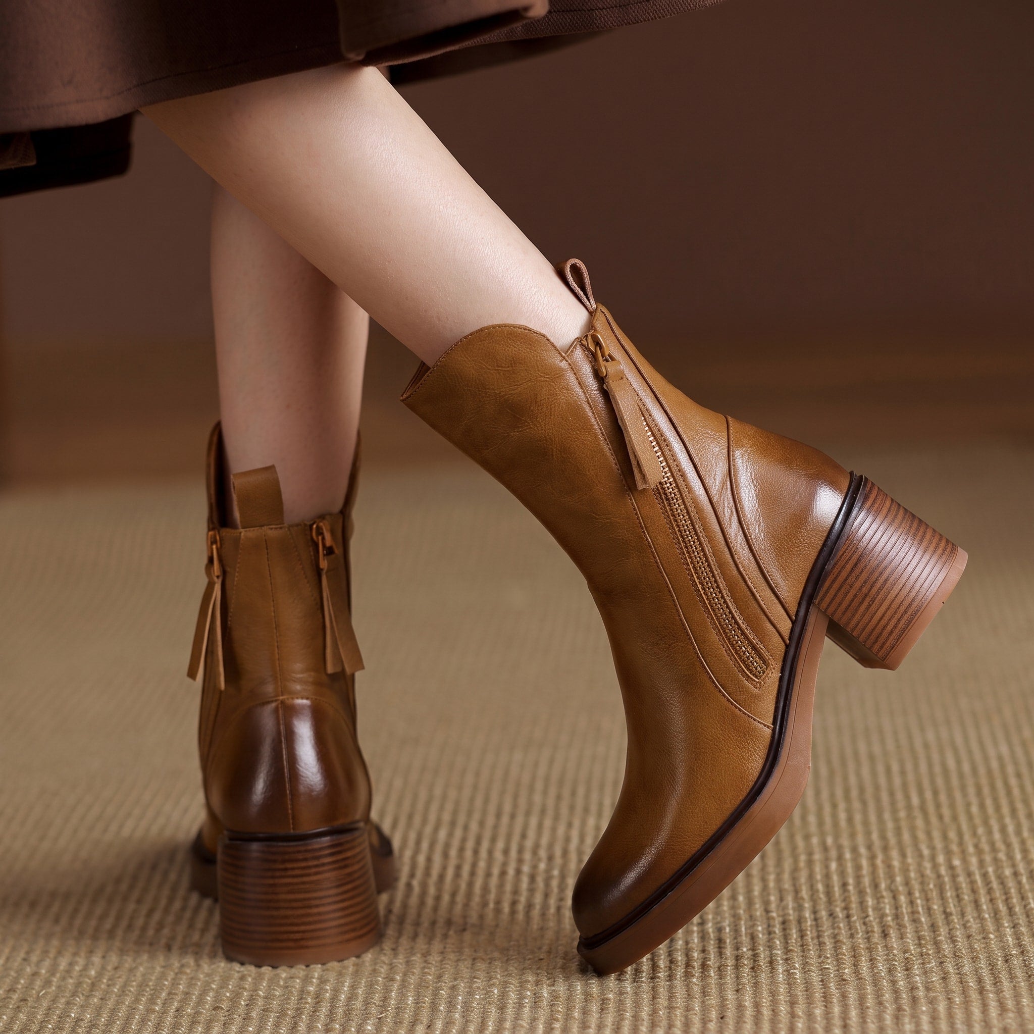 Emma - Women's Block Heel Ankle Boots with Double Zip