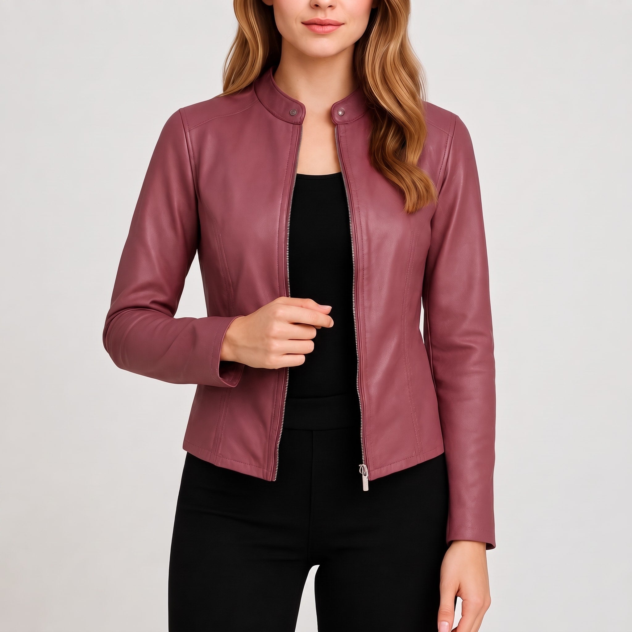 Sophie - Women's Fitted Zip-Up Biker Jacket with Snap Collar