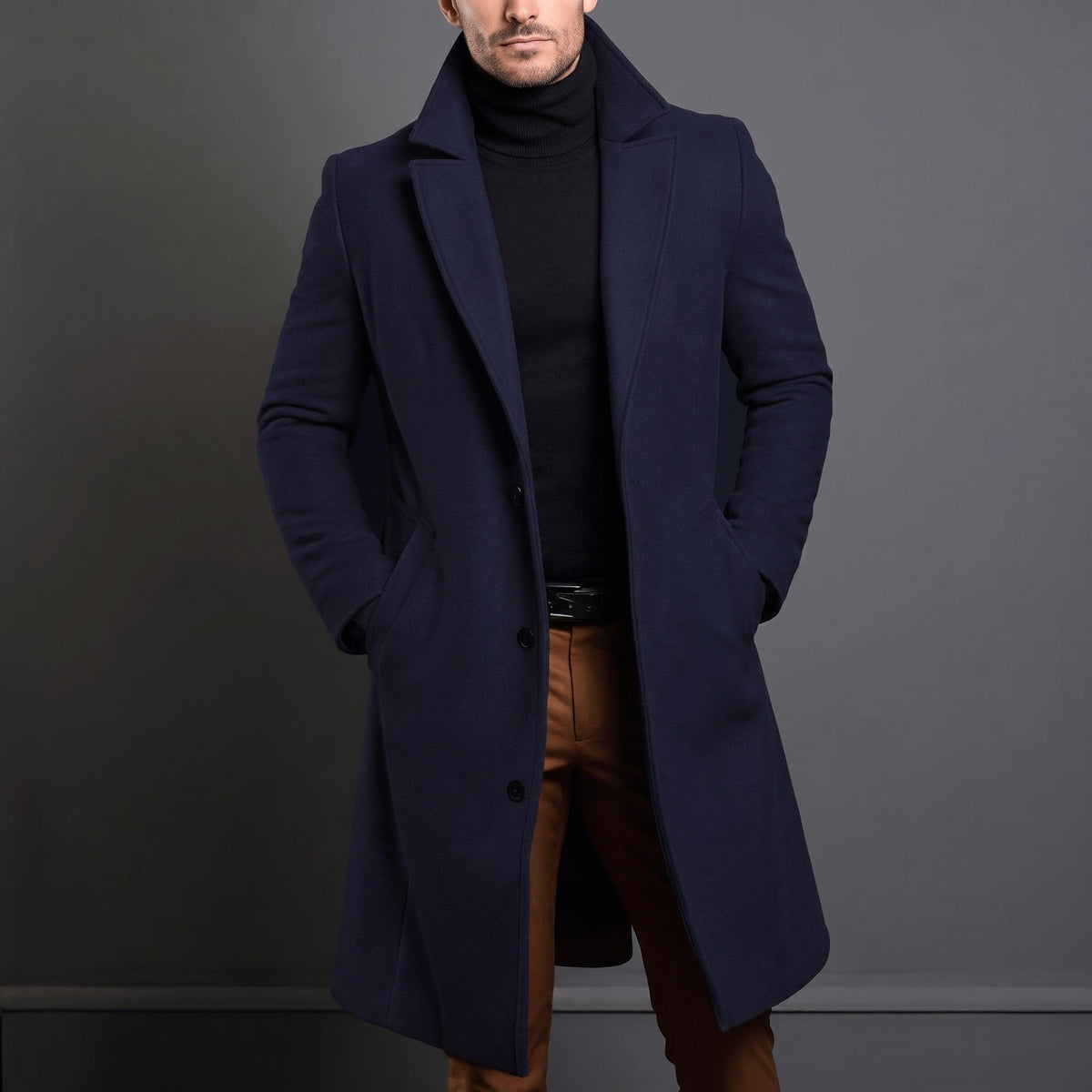 Edson - Men's Tailored Longline Wool-Look Overcoat with Notch Lapel - Overcoats - Navy Blue - Davies & Cooper