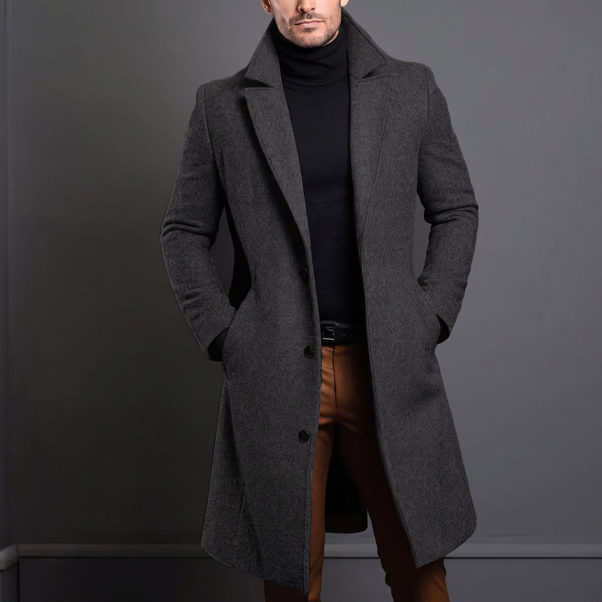 Edson - Men's Tailored Longline Wool-Look Overcoat with Notch Lapel - Overcoats - Grey - Davies & Cooper