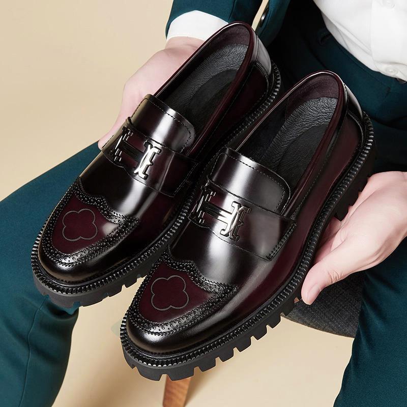 Edward - Men's Chunky Platform Brogue Loafers with Buckle Strap - Loafers - Wine Red - Davies & Cooper