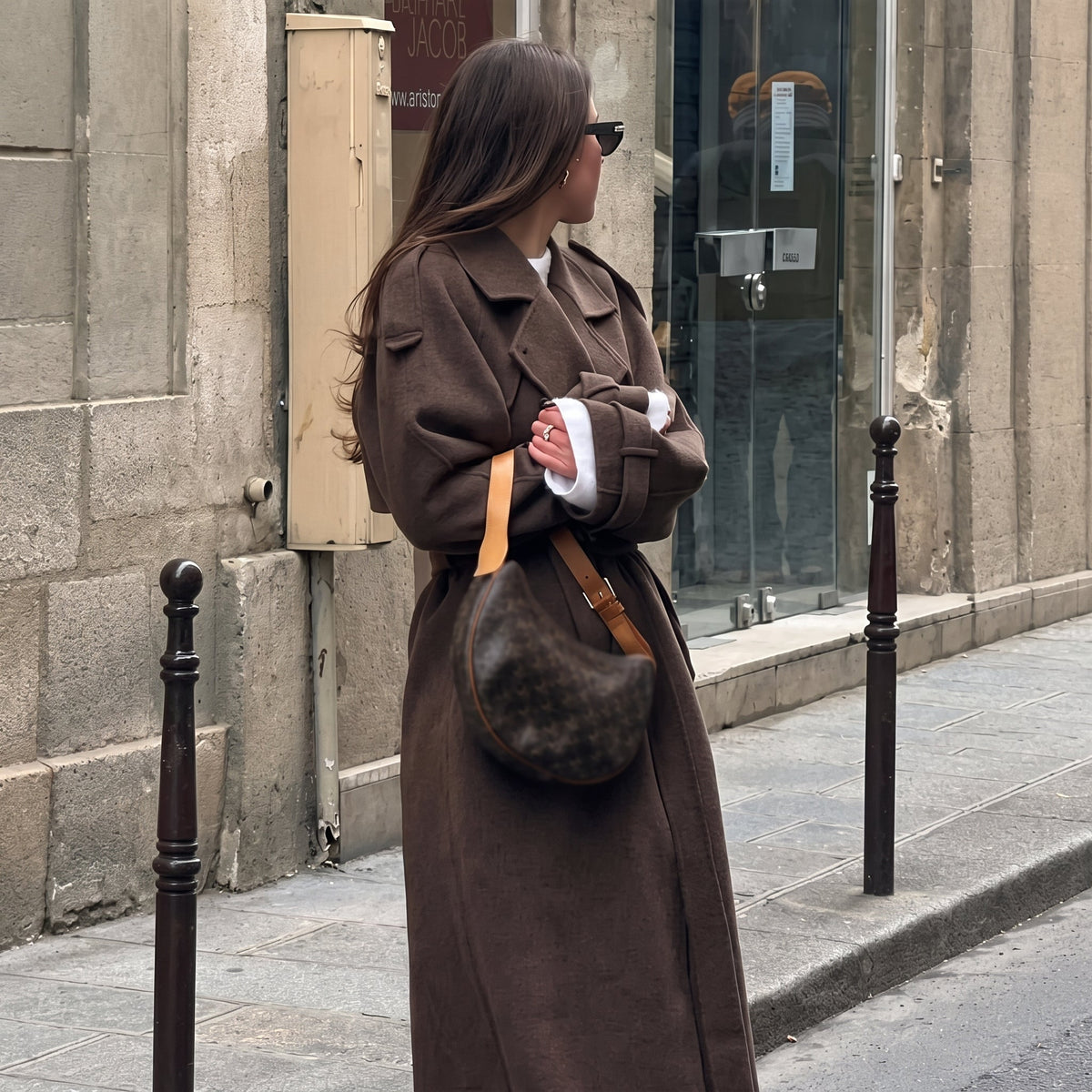 Eleanor - Women's Double-Breasted Longline Wool-Look Trench Coat with Tie Belt - Coats & Jackets - Brown - Davies & Cooper