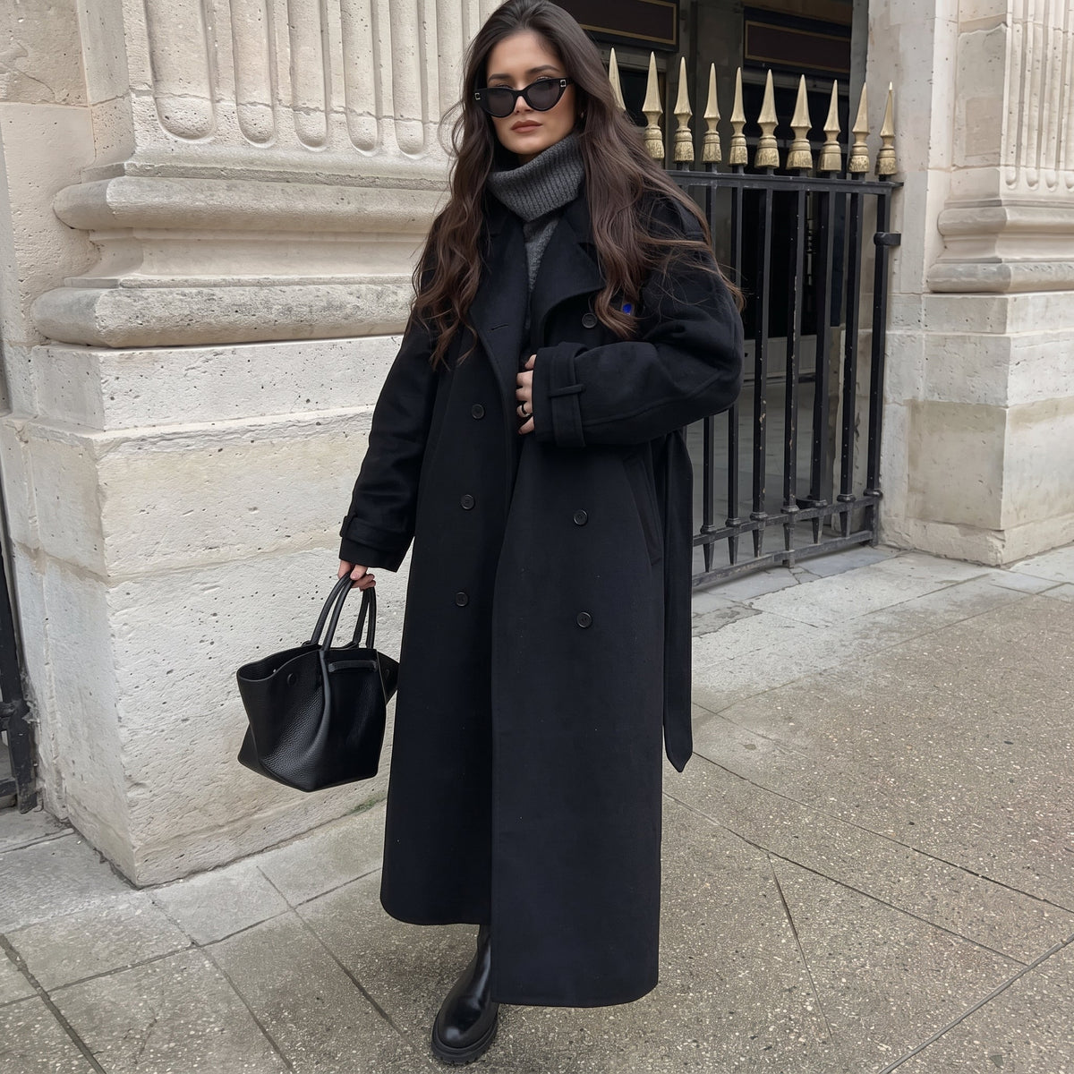 Eleanor - Women's Double-Breasted Longline Wool-Look Trench Coat with Tie Belt - Coats & Jackets - Black - Davies & Cooper