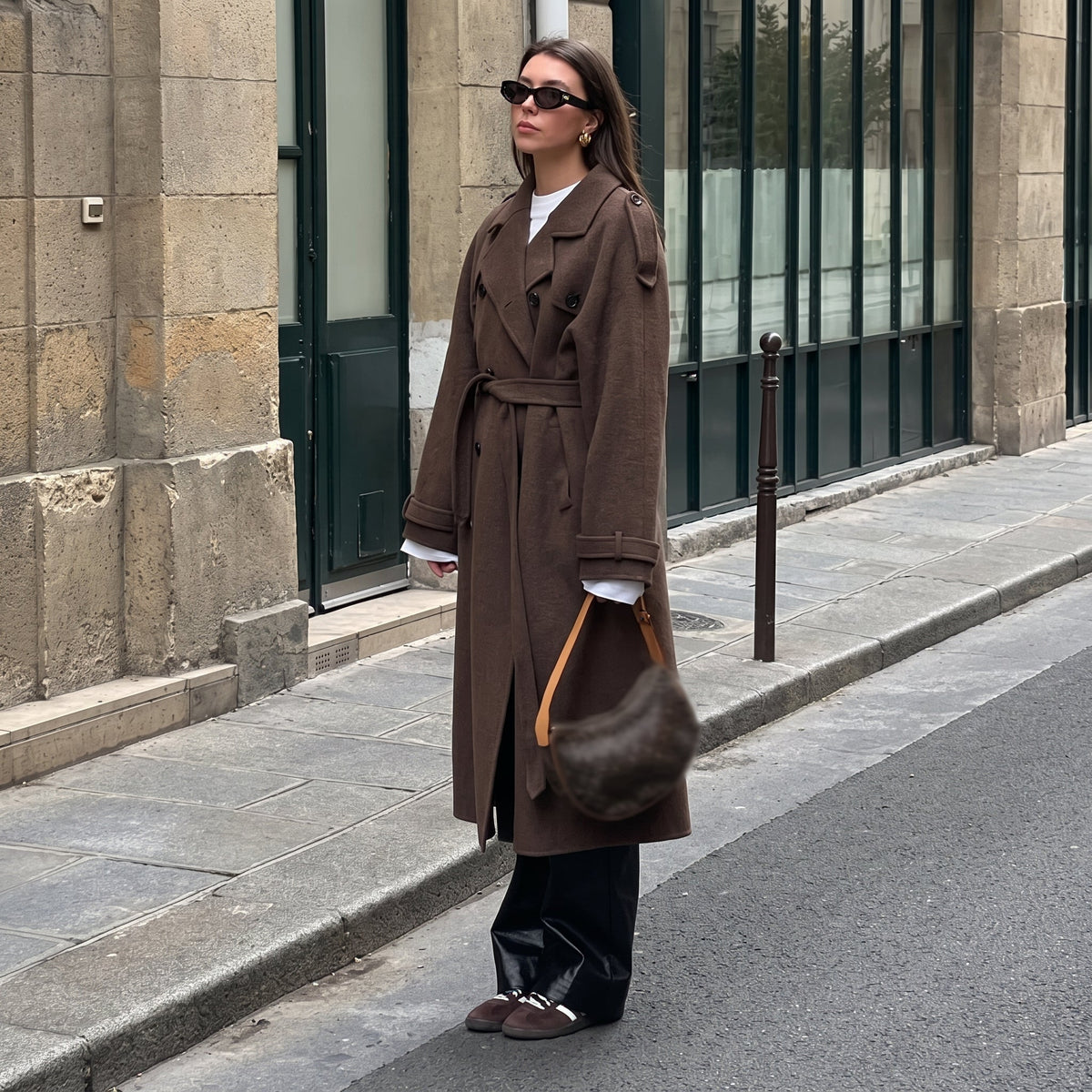 Eleanor - Women's Double-Breasted Longline Wool-Look Trench Coat with Tie Belt - Coats & Jackets - Brown - Davies & Cooper