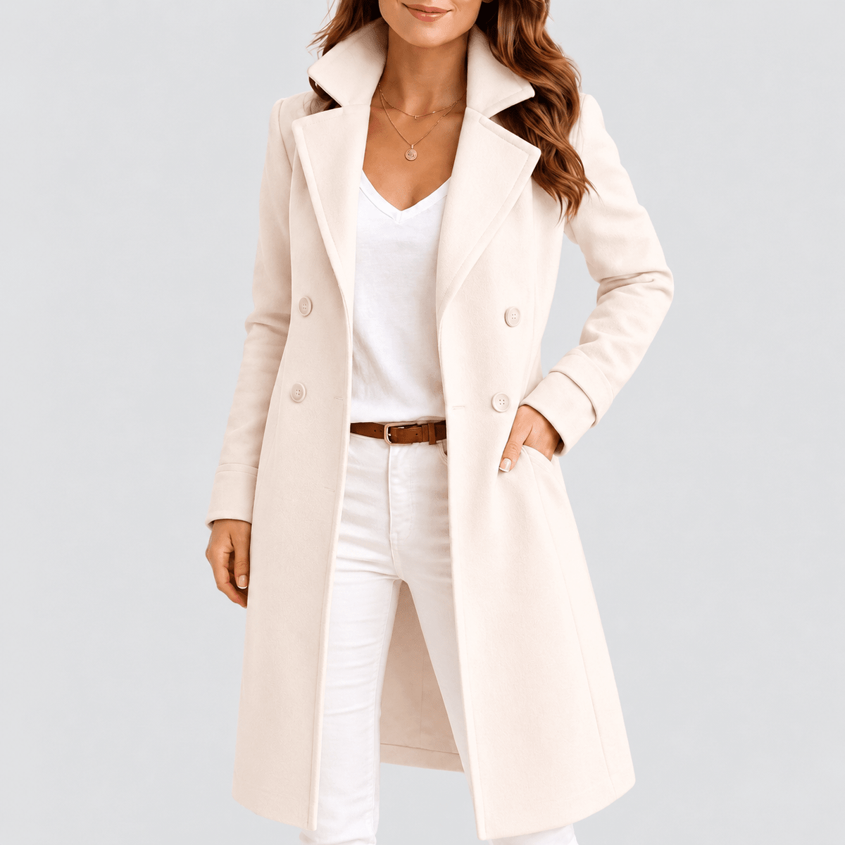 Eleanor - Women's Double-Breasted Tailored Midi Overcoat with Notch Lapel - Overcoats - Light Pink - Davies & Cooper
