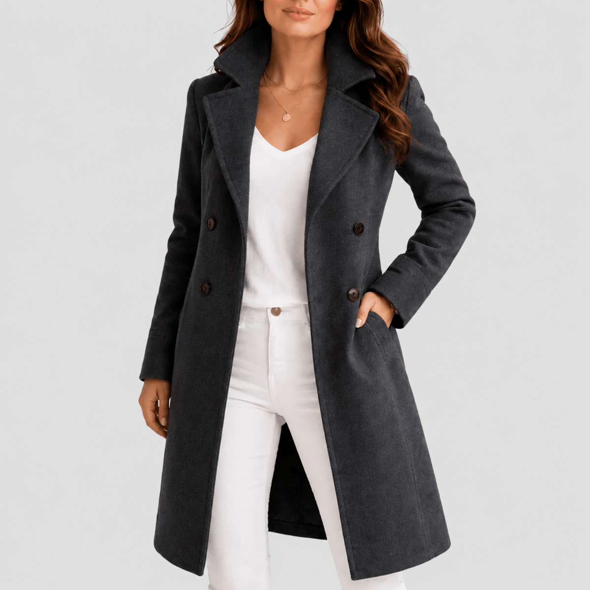 Eleanor - Women's Double-Breasted Tailored Midi Overcoat with Notch Lapel - Overcoats - Black - Davies & Cooper