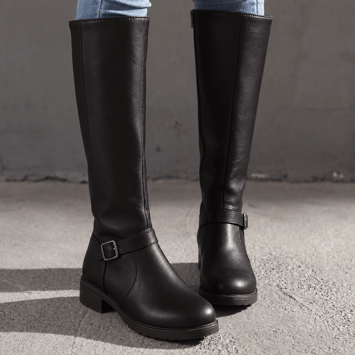 Eleanor - Women's Knee-High Buckle Strap Riding Boots with Block Heel - Boots - Black - Davies & Cooper