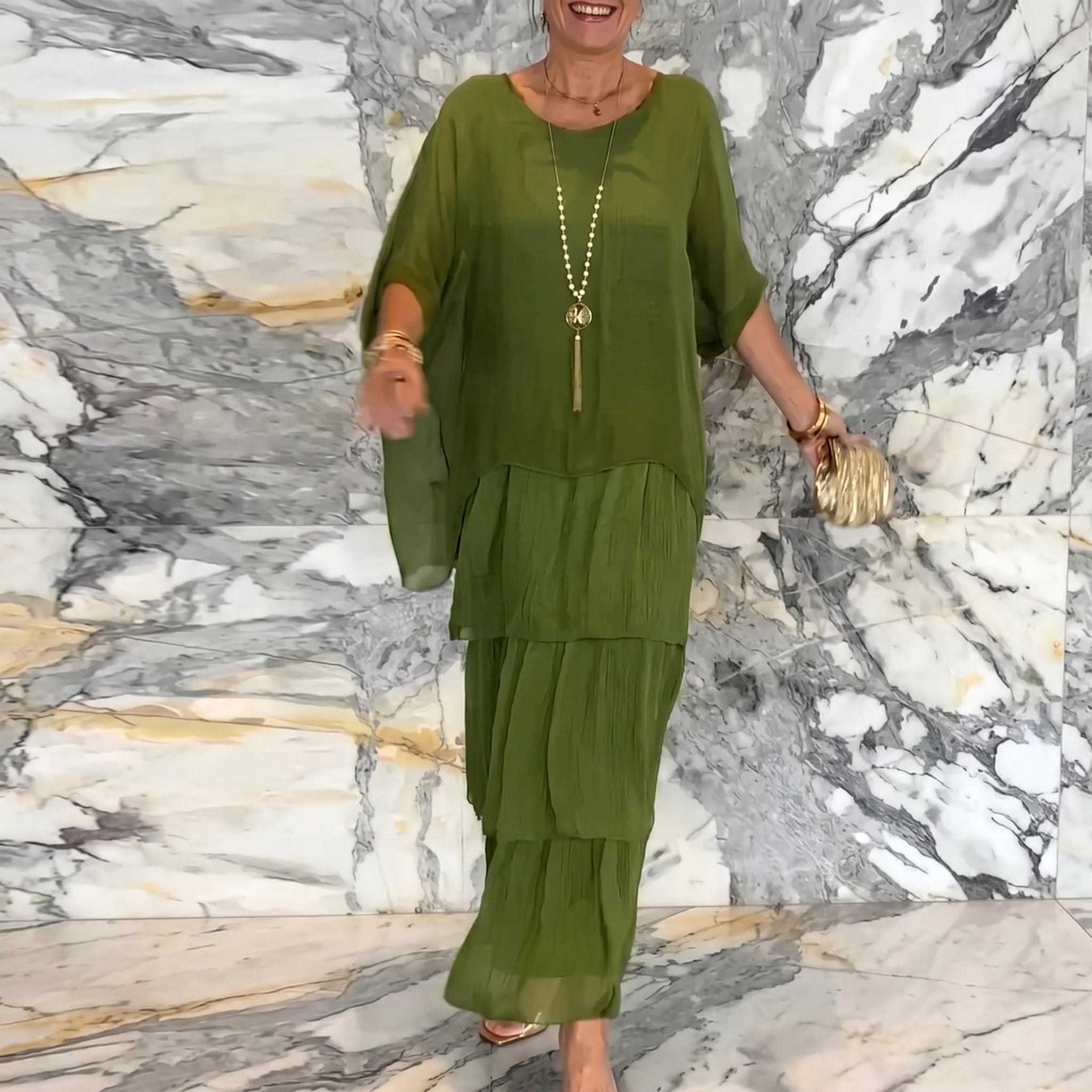 Eleanor - Women's Summer Batwing Sleeve Tiered Maxi Dress - Maxi Dresses - Dark Green - Davies & Cooper