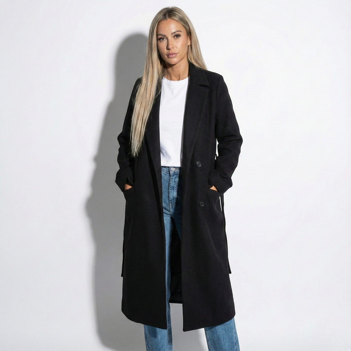 Elise – Women's Long Lapel Coat - Overcoats - Black - Davies & Cooper