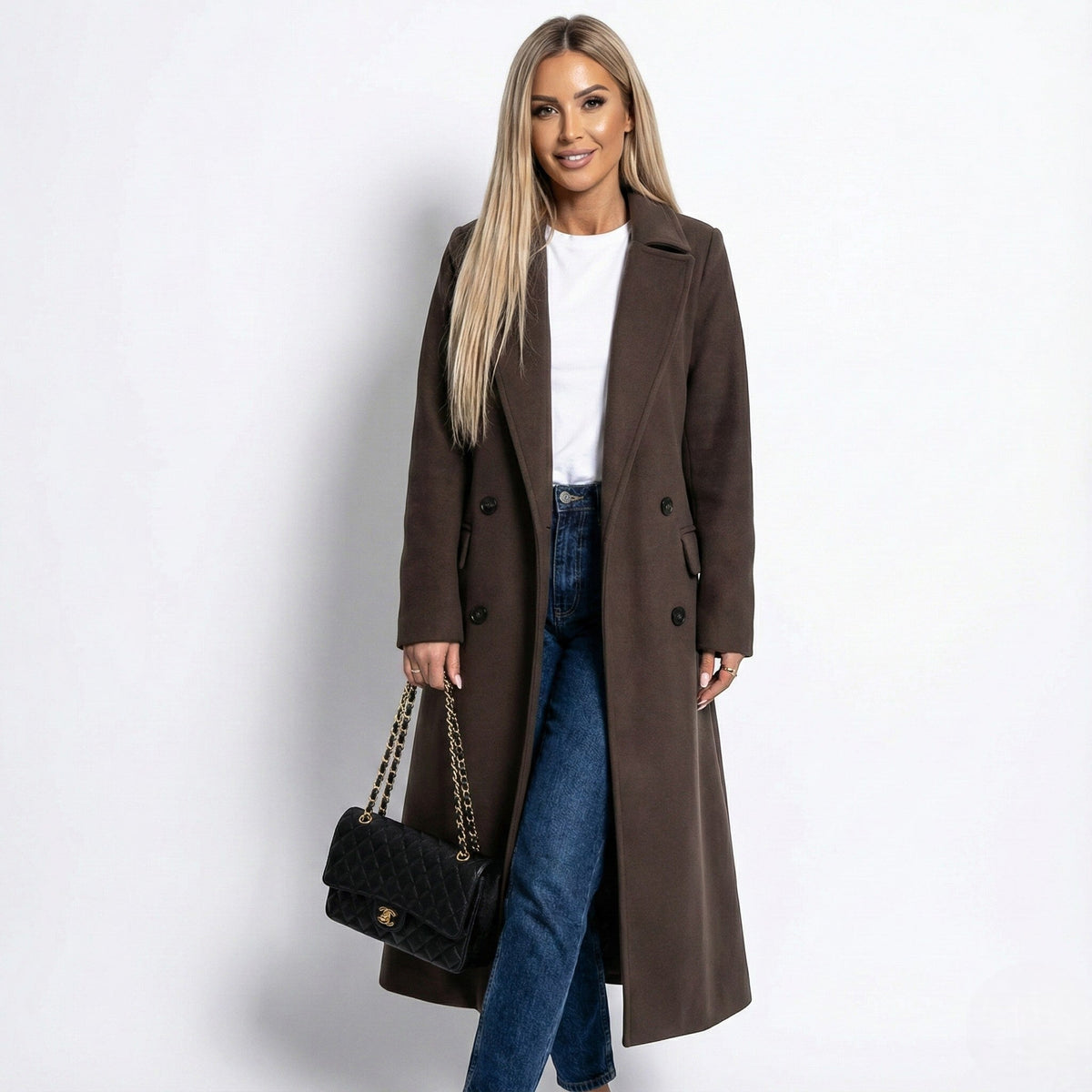 Elise – Women's Long Lapel Coat - Overcoats - Coffee - Davies & Cooper