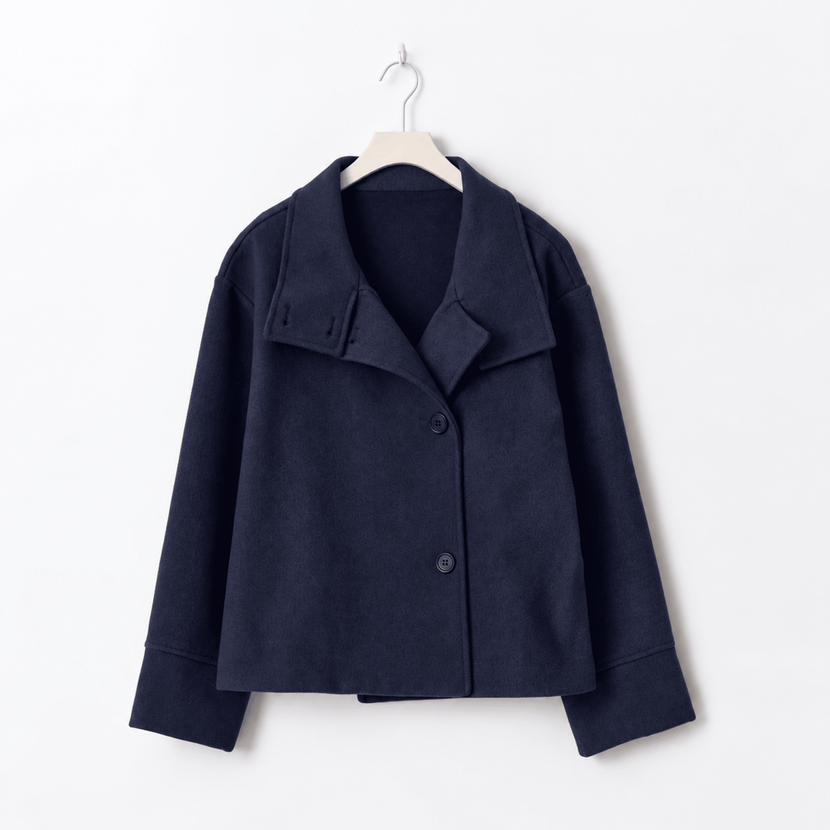 Elise - Women's Single-Breasted Cropped Jacket with Stand Collar - Coats & Jackets - Navy Blue - Davies & Cooper
