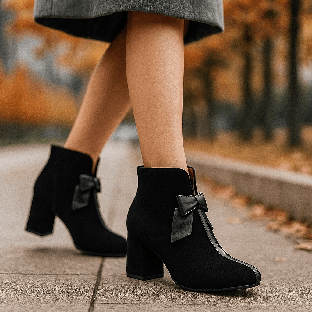 Eliza - Women's Block Heel Ankle Boots with Bow Detail - Boots - Black - Davies & Cooper