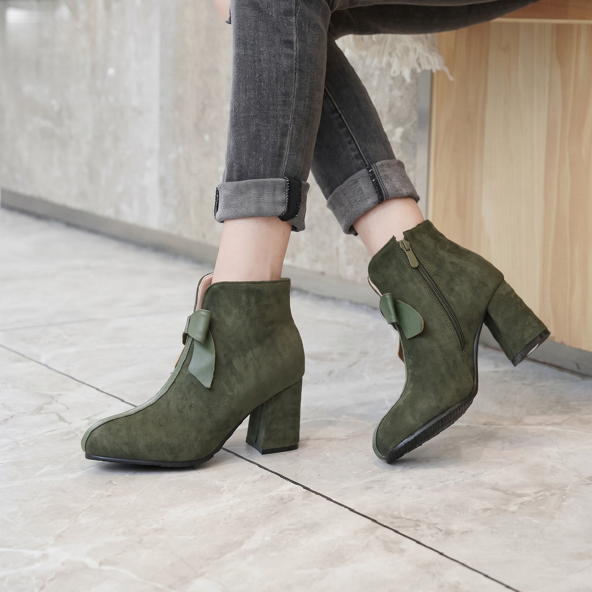 Eliza - Women's Block Heel Ankle Boots with Bow Detail - Boots - Olive Green - Davies & Cooper